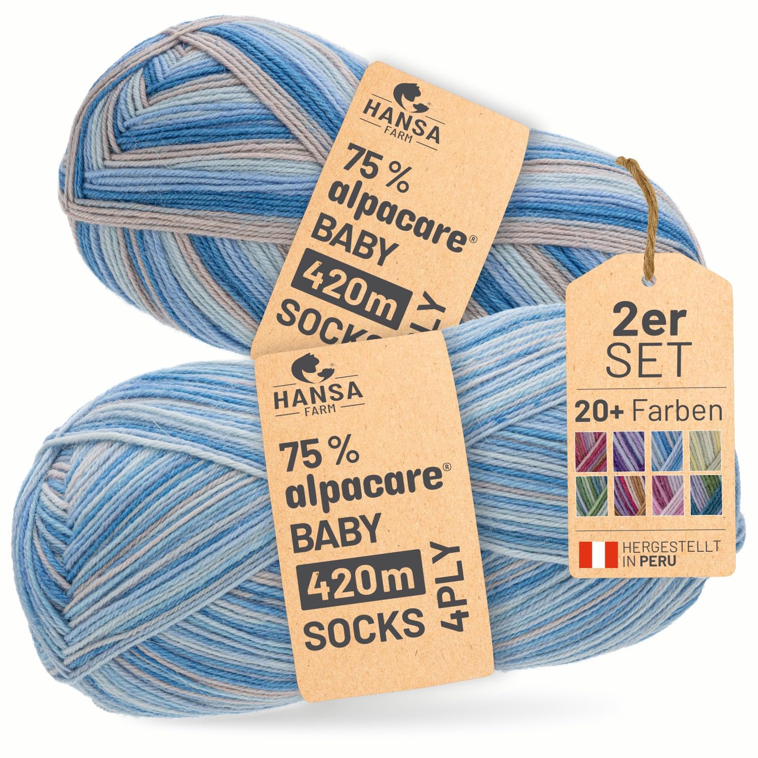 HANSA-FARM |alpacare 75% nadające się do prania skarpetki z alpaki, zestaw 224 g (2 x 112 g), wełna na skarpety, bez zarysowań, do robienia na drutach i szydełkowania - SE4 Blue Breeze