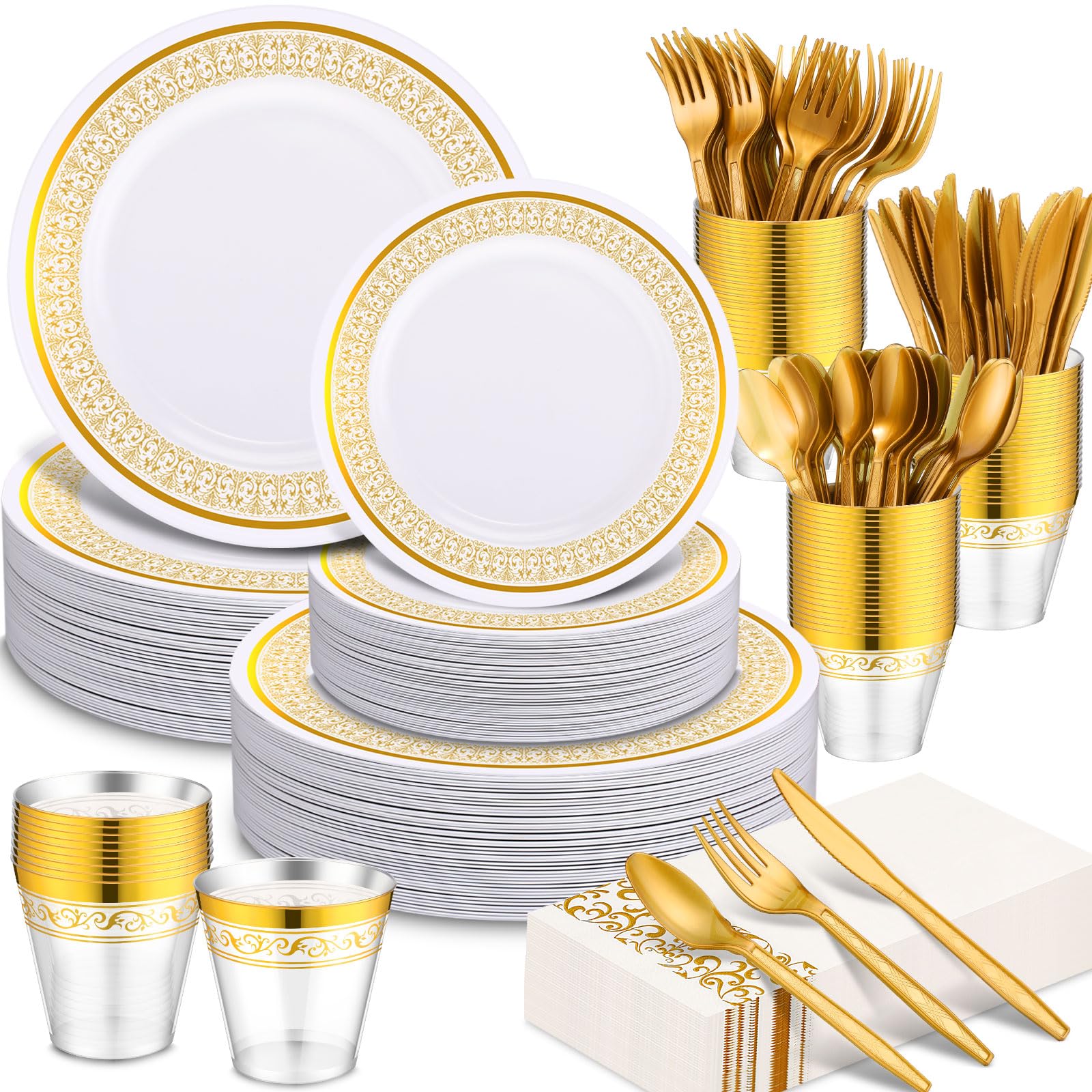 Tioncy 700 Piece Gold Plastic Dinnerware Set for 100 Guests, Gold Rim Disposable Set 100 Dinner Plastic Plates, 100 Salad Gold Plates with 100 Spoons, Forks, Knives, Napkins 9 Oz Gold Rim Cups
