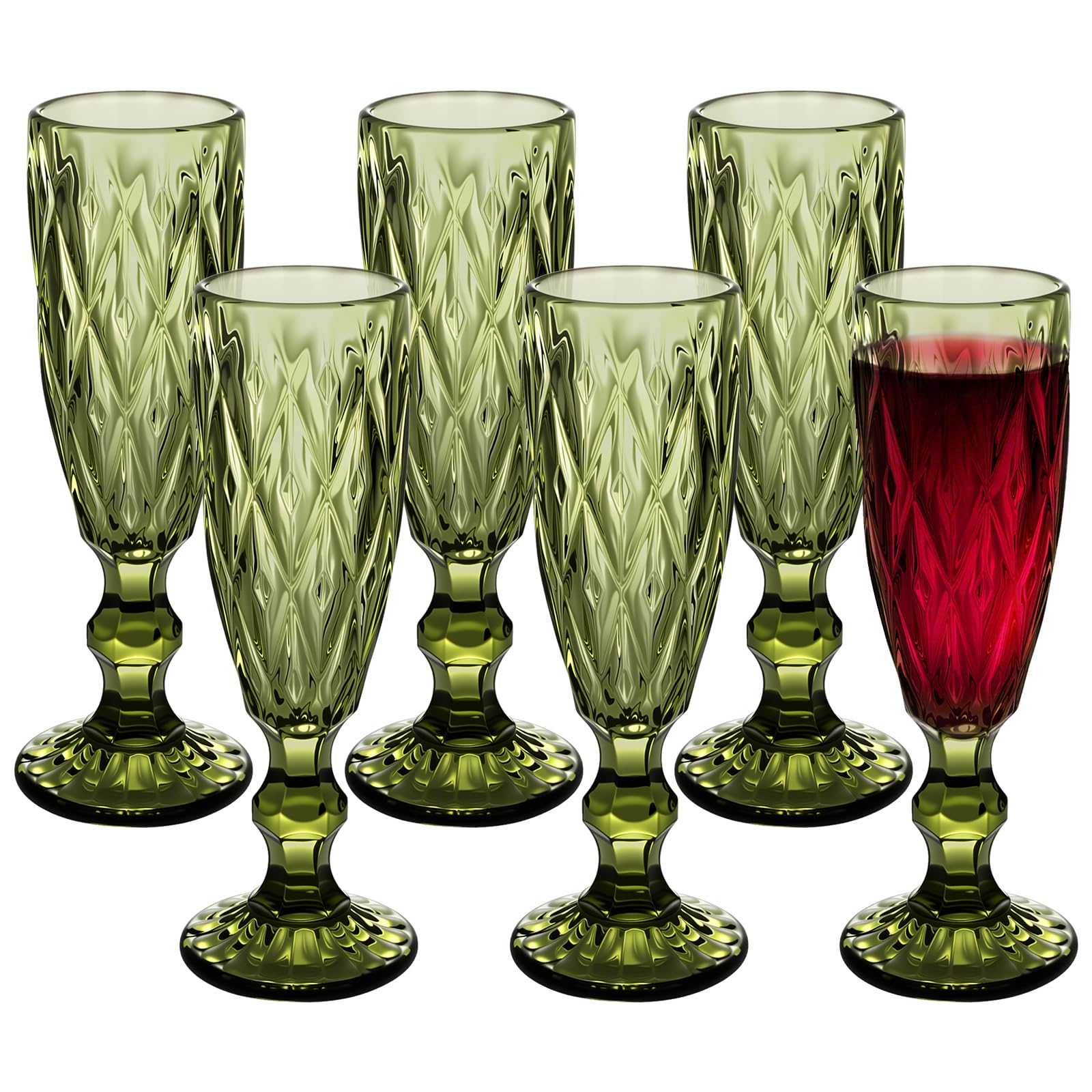 Loxiia Champagne Flutes 150ml/5 oz Set of 6, Vintage Wine Glasses, Colored Glassware Set, Water Goblets for New Year Christmas,Party, Wedding, & Daily Use (Green)