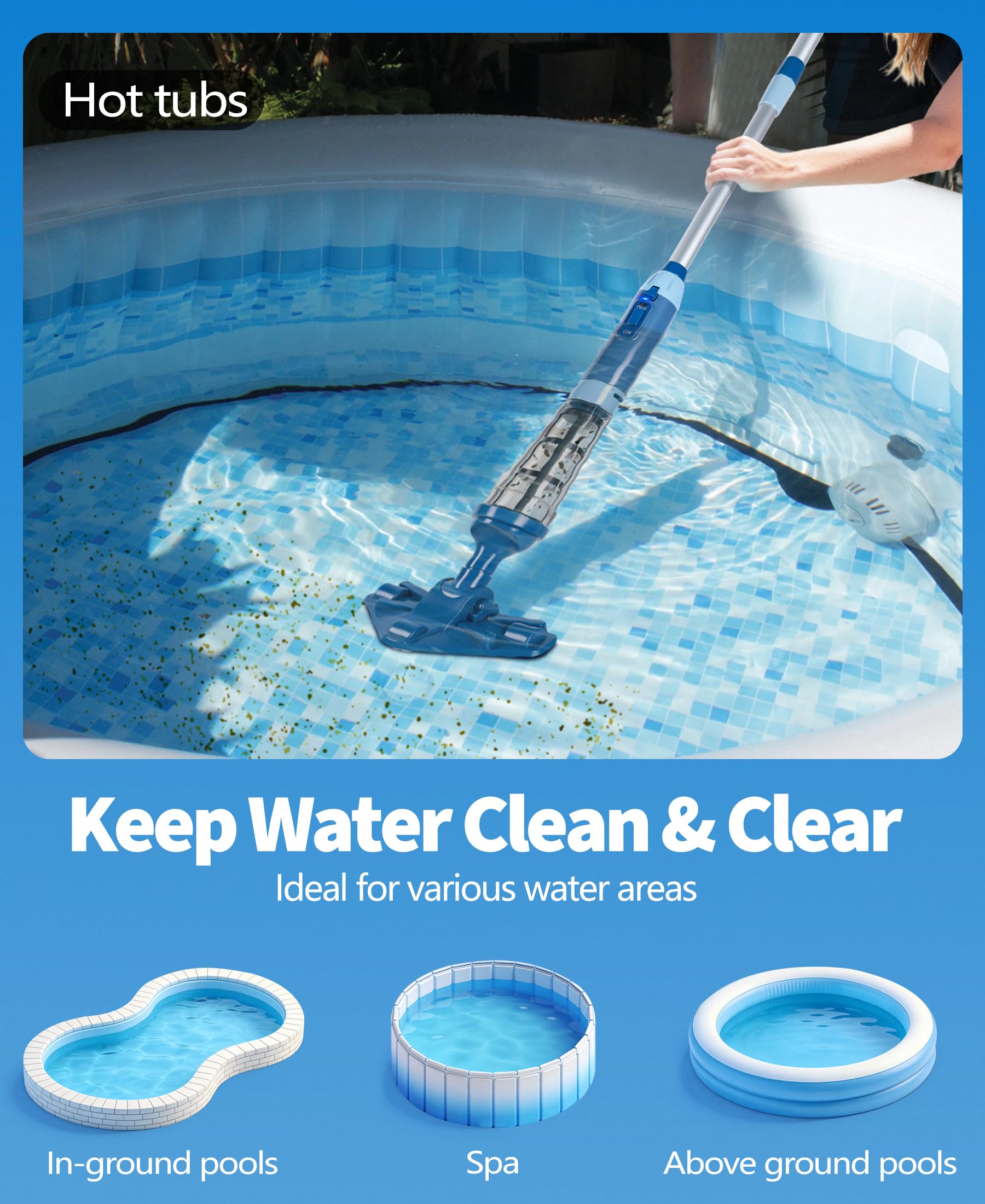 PoolLeader Aspirador Piscina Bateria, 60L/Min Aspiradora Piscina Sin Cable, Aspiradora Piscinas Manual con Sensor de Agua & 2 Cabezales Limpieza Extraíbles,Aspirador para Piscinas Hasta 90min Duración