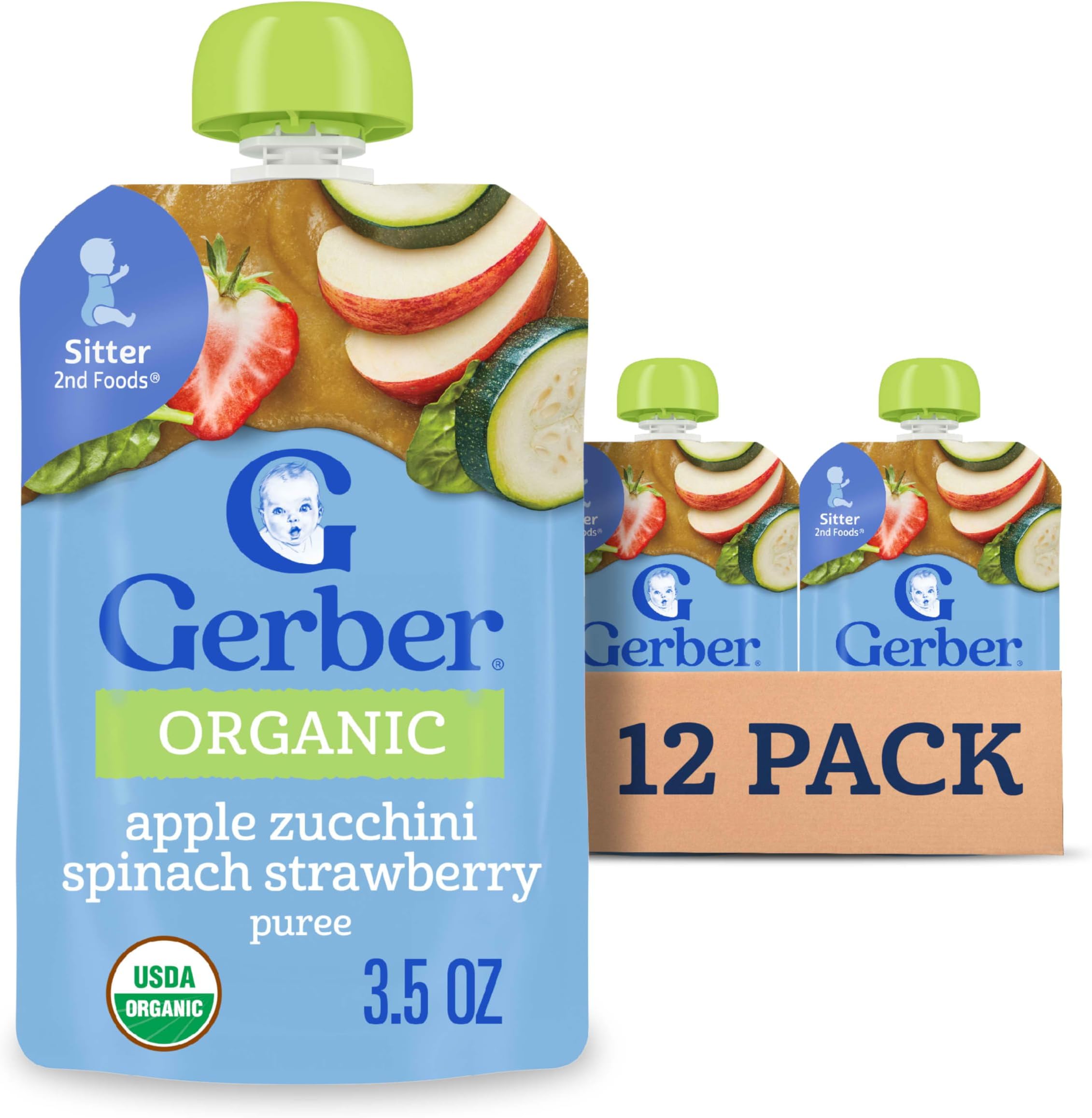 Stage 2 Organic Apple Zucchini Spinach Strawberry, 12 Pack | Stage 2 organic fruit and veggie puree pouch; 2 servings fruit and veggie; no added sweetener; no artificial colors