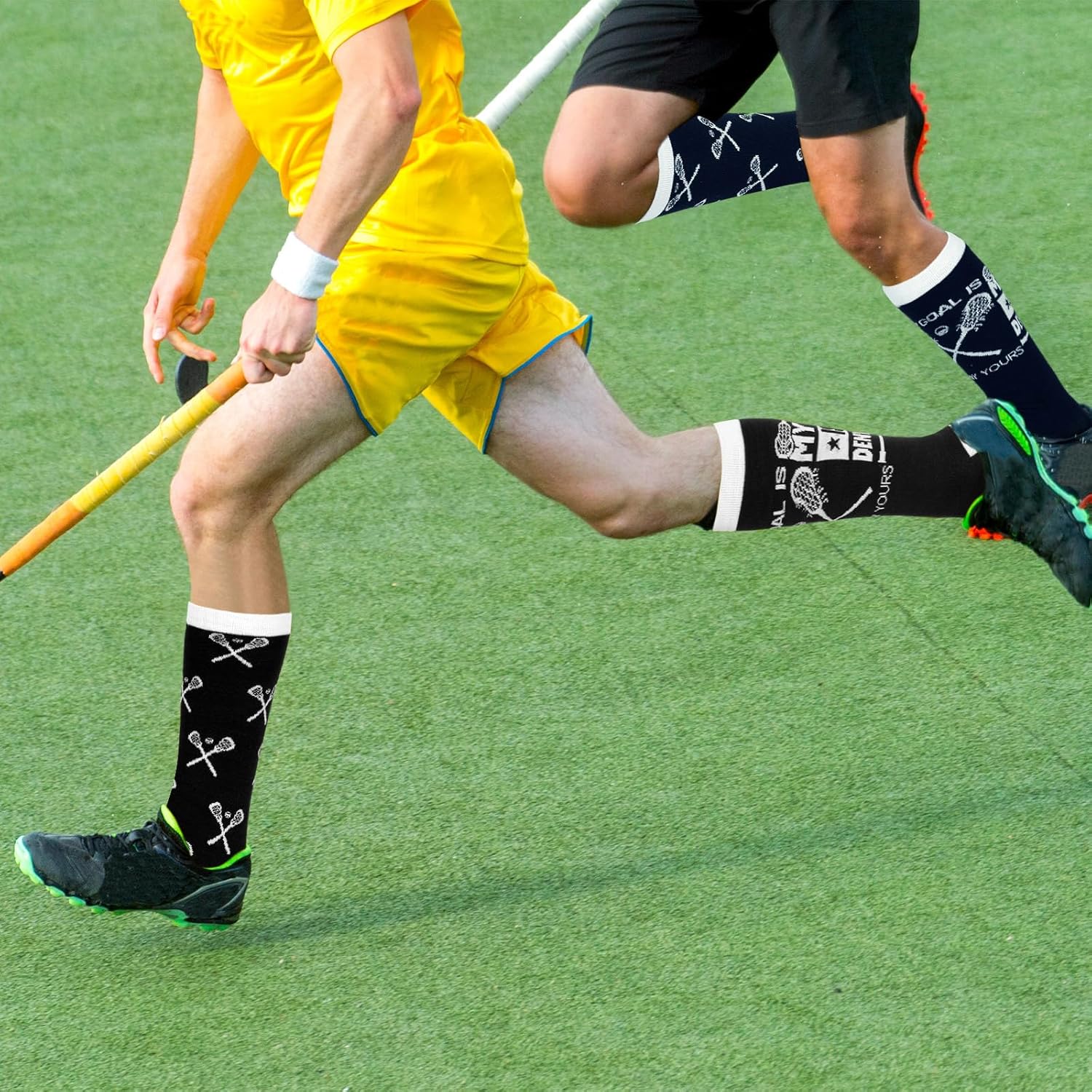 Jeyiour 2 Pair Lacrosse Socks Woven Mid Calf Hockey Athletic Socks for Men for Youth and Adult Basketball Football Baseball Sports Black and Navy Blue - Image 5