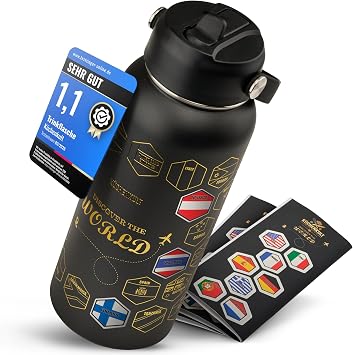 Stainless Steel Drinking Bottle 1 Litre (950 ml) 100% Leak-Proof Thermos Flask Perfect Gift for Everyone Test Winner 50 Countries Stickers