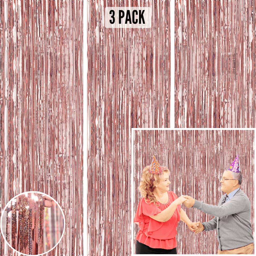Rose Gold Foil Fringe Curtain Backdrop (3 Pack) - 9.8 x 3.3 ft Photo Booth Backdrop Curtain for Parties - Tinsel Curtain Fringe Backdrop Party Decorations for Birthday, Wedding or Bachelorette Party