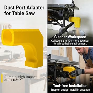 Dust Collection Adapter for DeWALT Table Saw, Tool-Free Installation, Enhanced Dust Collection with Built-in Hook, Rugged Polymer Construction, Space-Saving Design (Yellow)