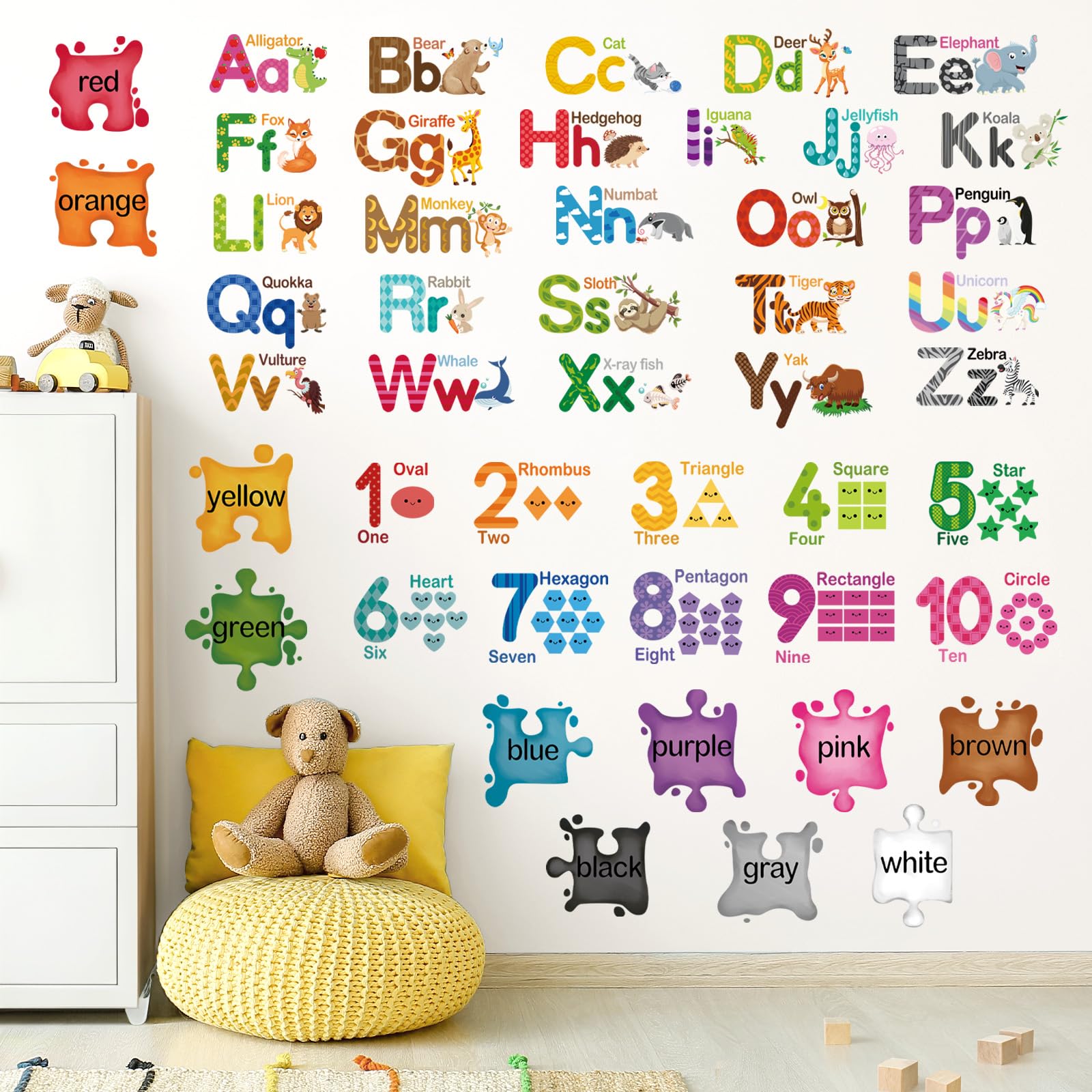 Wondever Adesivi Murali Educativi Per Bambini - Alfabeto, Animali, Numeri E Forme - 3 Fogli 90x30cm, Sticker PVC Rimovibili Per Cameretta E Aula - 2