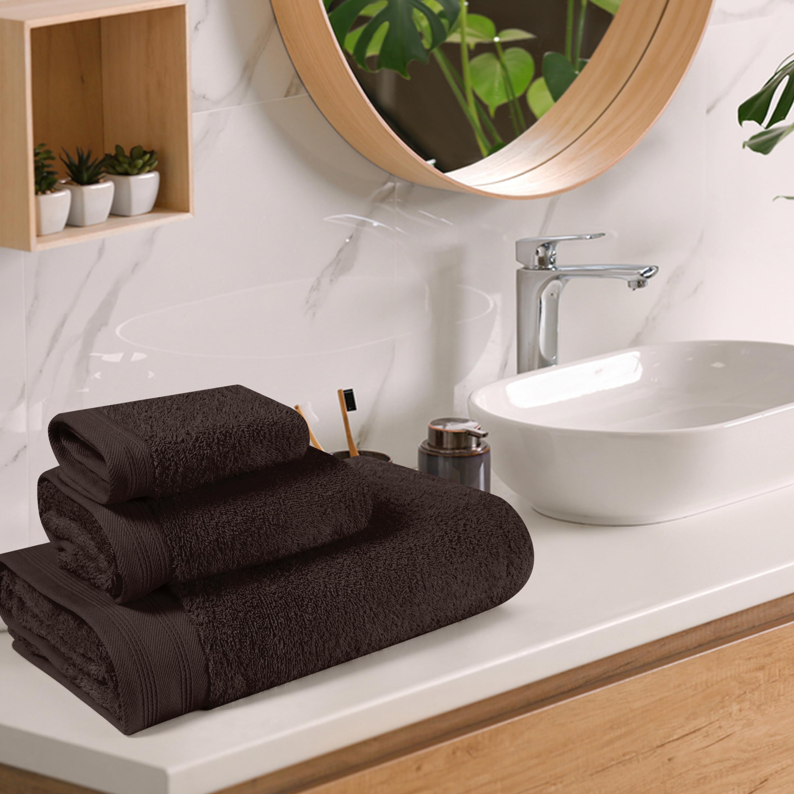 MALLONI HOME Ultra Soft zestaw 3 ręczników bawełnianych, zawiera bardzo duże ręczniki kąpielowe 70 x 140 cm, a ręczniki 40 x 60 cm i pościel 30 x 30 cm, brązowy