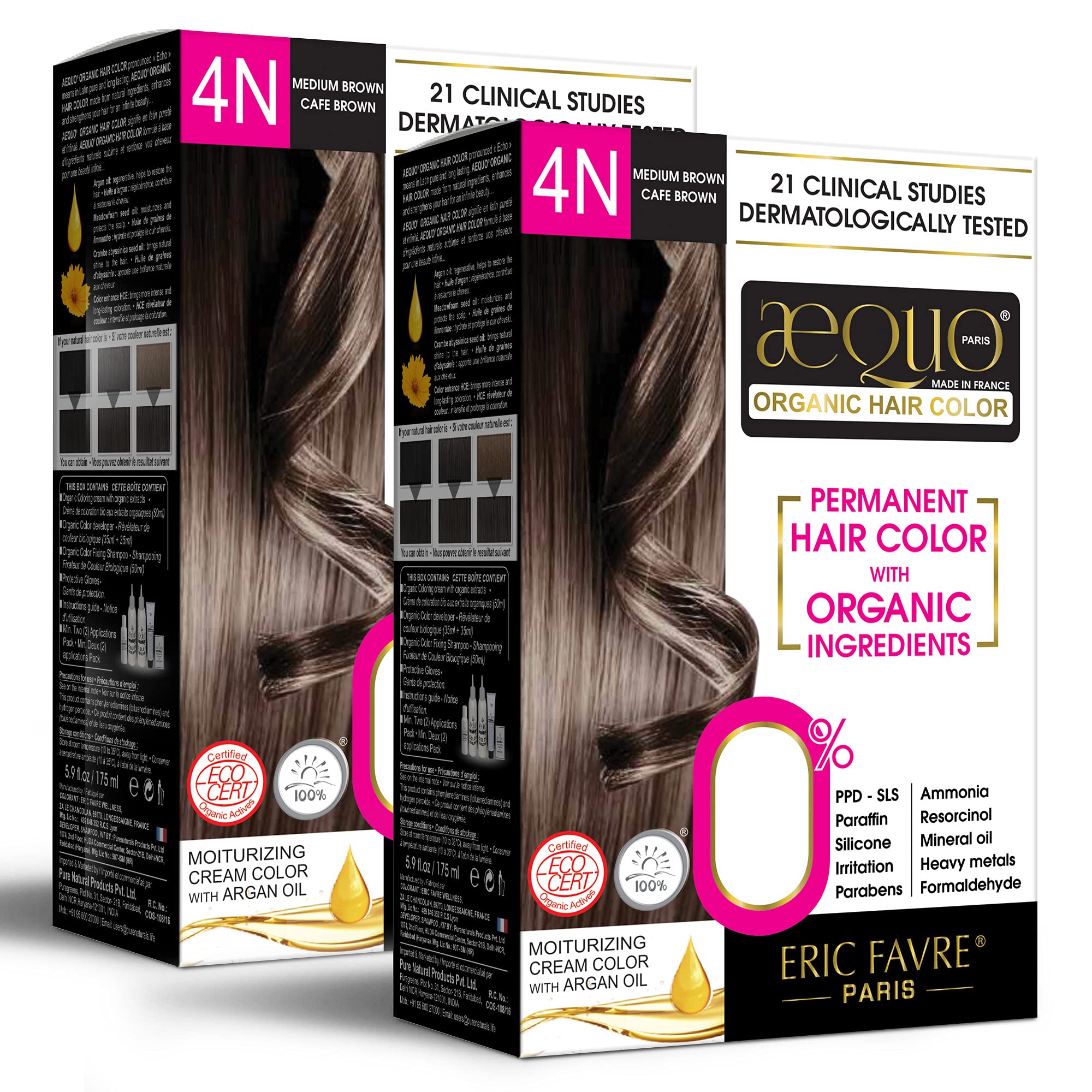 Aequo Organic Cream Hair Color for Women 4N Medium Brown 170ml- Pack of 2 | Natural Hair Colour for Women | PPD & Ammonia Free Organic Hair Colour