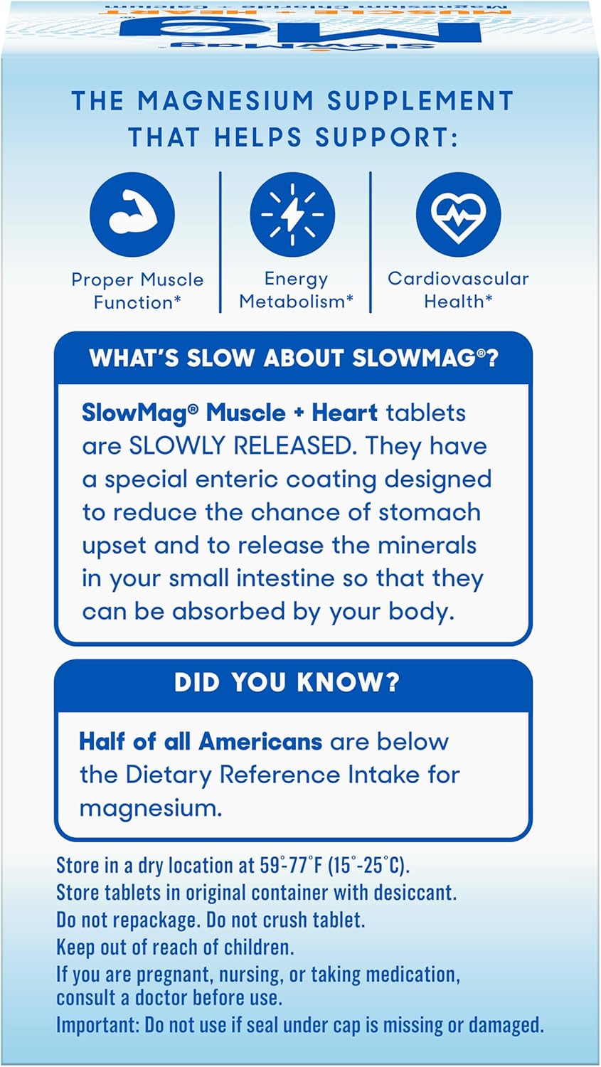 SlowMag Mg Muscle + Heart, Supports Muscle Relaxation and Heart Health. Magnesium Chloride + Calcium, Slow-Release Tablets, Easy to Absorb and Gentle on the Stomach. 60 Count (Pack of 2)
