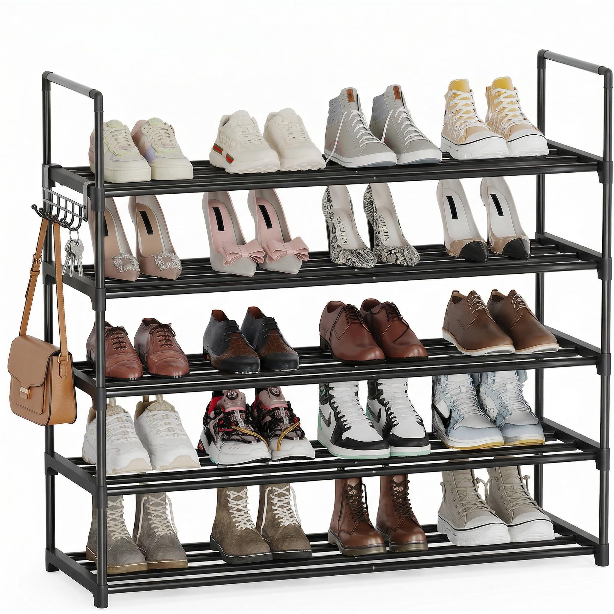 Scarpiera 5 Ripiani, Scarpiera Salvaspazio in Metallo, Porta Scarpe Verticale o Capovolta, per 20–30 Paia di Scarpe, Scaffale Salvaspazio Impilabile, Scarpiera Ingresso o da Esterno, Nera