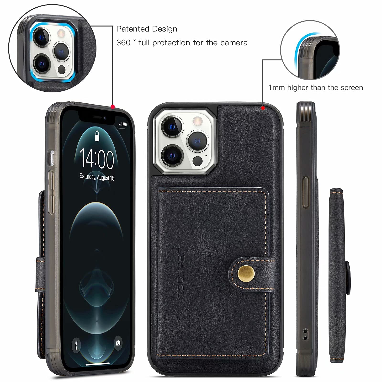 ELISORLI Custodia Portafoglio Per IPhone 12 Pro Con Tracolla – Pelle PU, 4 Slot Carte, Supporto, Magnetica, Nero