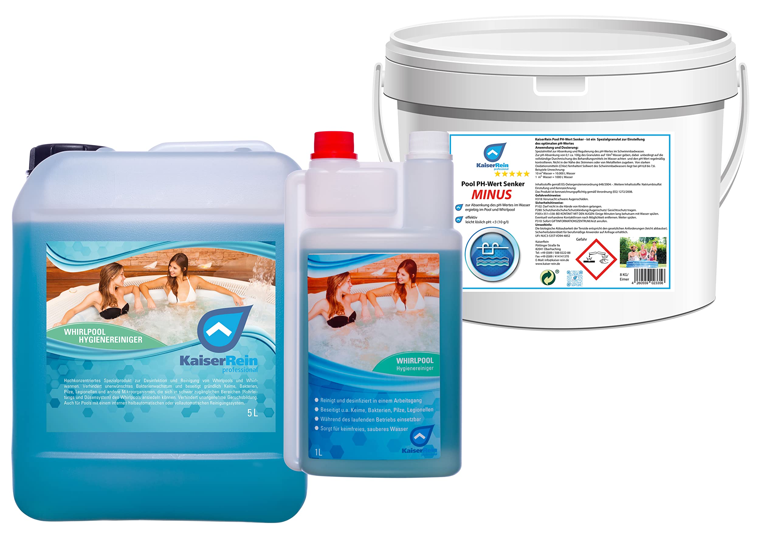KaiserRein 1 L und 5 L Whirlpool Desinfektionsmittel und 8kg PH- (PH Senker) I Wasserpflege I Desinfektion I Whirlpoolreiniger, Poolreiniger