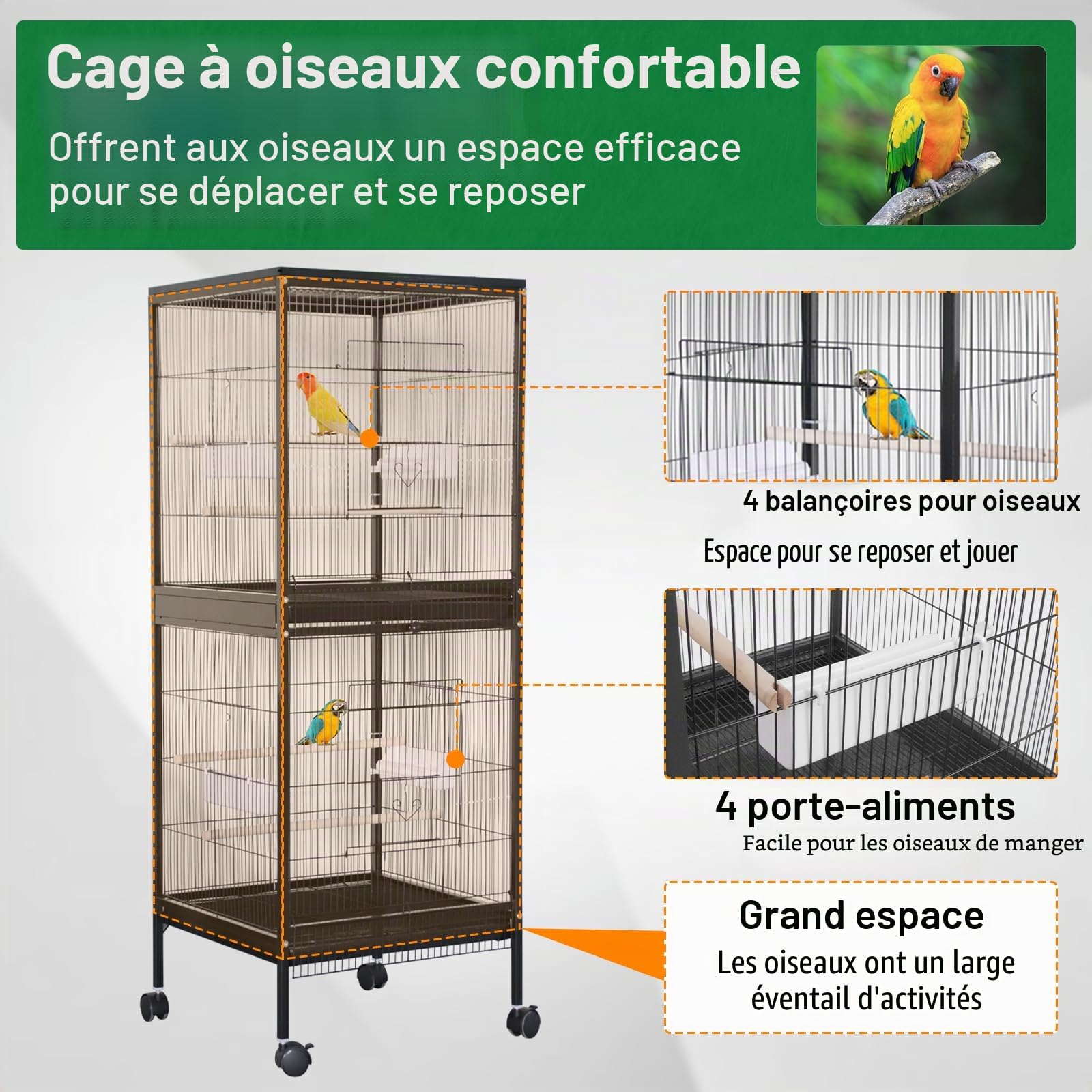 Cage à Oiseaux métallique Grand Stable Double étage et Aire de Jeu, avec Chariot Roulant, tiroirs extractibles, perchoirs en Bois et mangeoires, idéale pour perruches ondulées, perruches nymphes