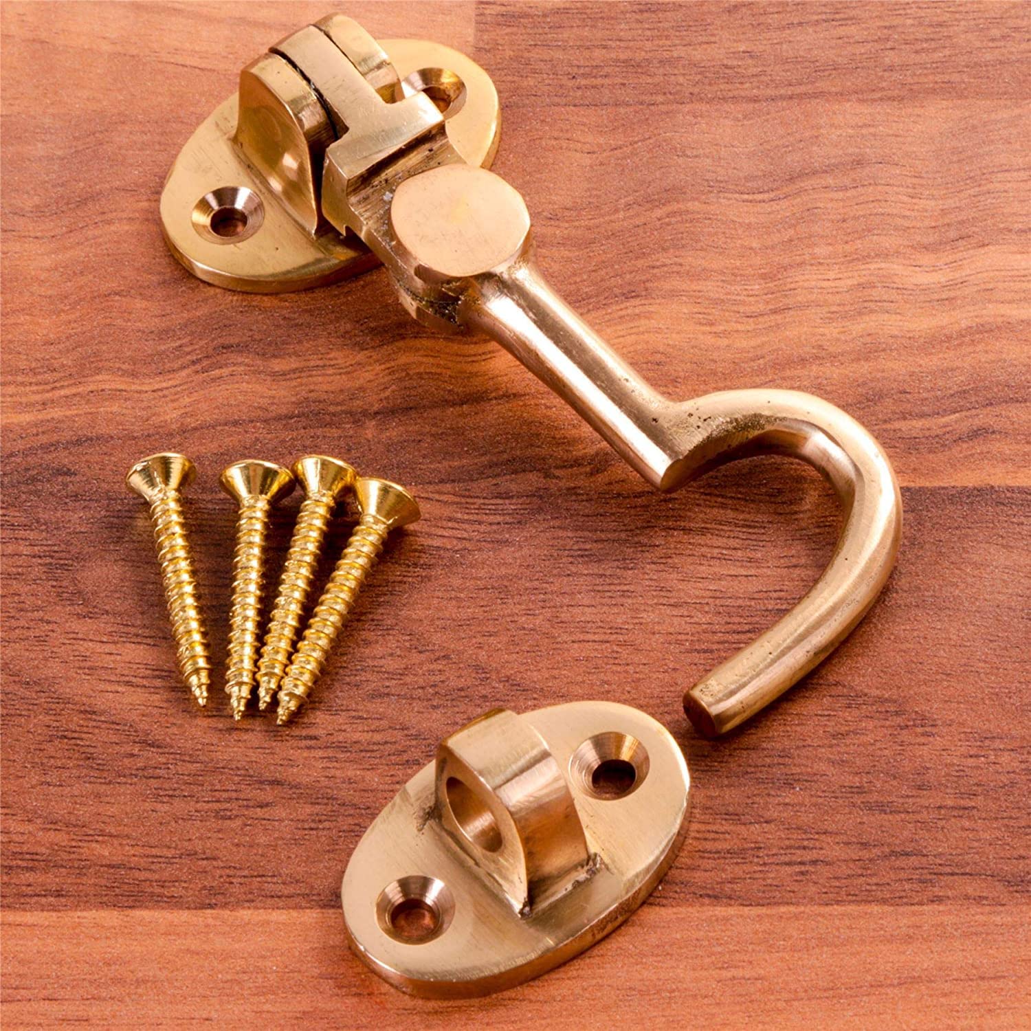 Small Brass Cabin Hook 3-Inch/ 75mm Brass Cabin Hook & Eye Silent Catch Door Latch Holder with Screws Silent Cabin Hook for Shed Gate Catch Garden Gate Latch Patio Doors Pack of 1 - Image 2