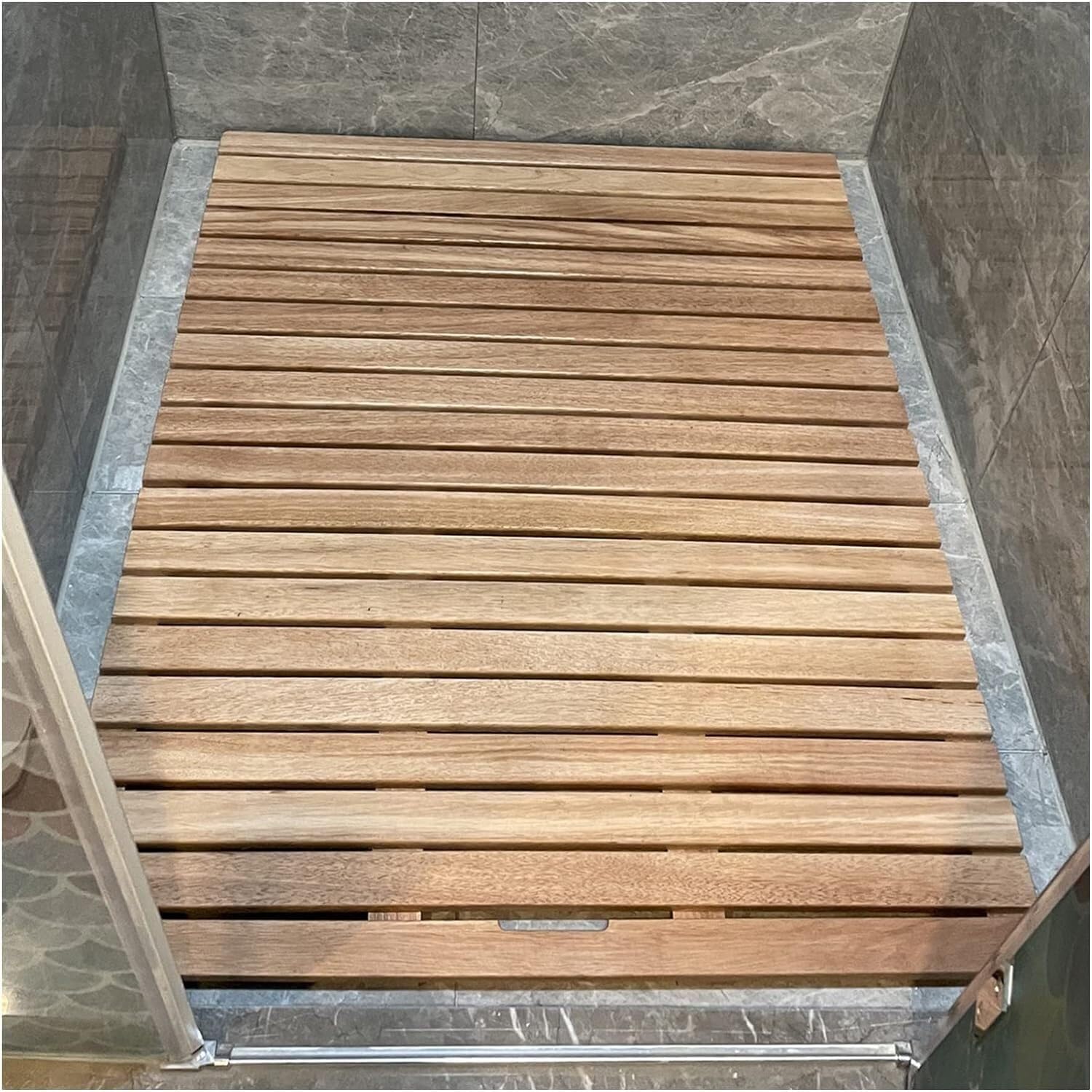 Badematte aus Holz für die Dusche, Abtropffläche für das Badezimmer mit gespleißten Füßen, Bodenstufen für die Badewanne, benutzerdefinierte Größe (Farbe: Holzfarbe, Größe: 90 x 100 cm) (80