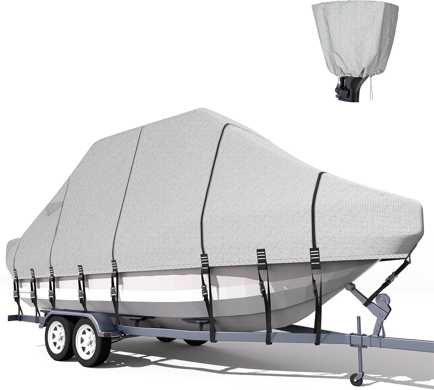 Trailerable T-Top Boat Cover Ture 1200D Solution Dyed Hard Top/T Top Boat Cover with 21 Windproof Straps, Motor Cover Fit 23'-25' Long Beam Width Up to 106" Center Console Boat with T Top Roof