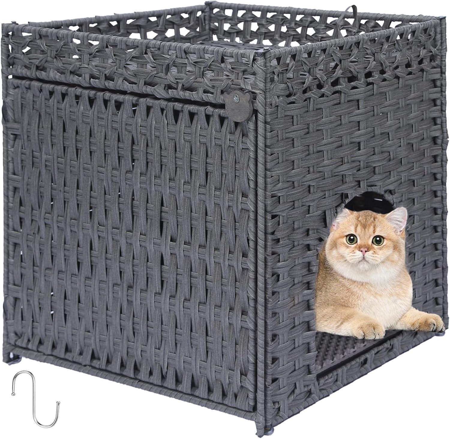 Cat Litter Box Enclosure Furniture Hidden Cabinet - Handwoven Rattan Pet House with 2 Removable Mats - Large Foldable Design for Privacy - Fits Living Room, Bedroom, Balcony Natural