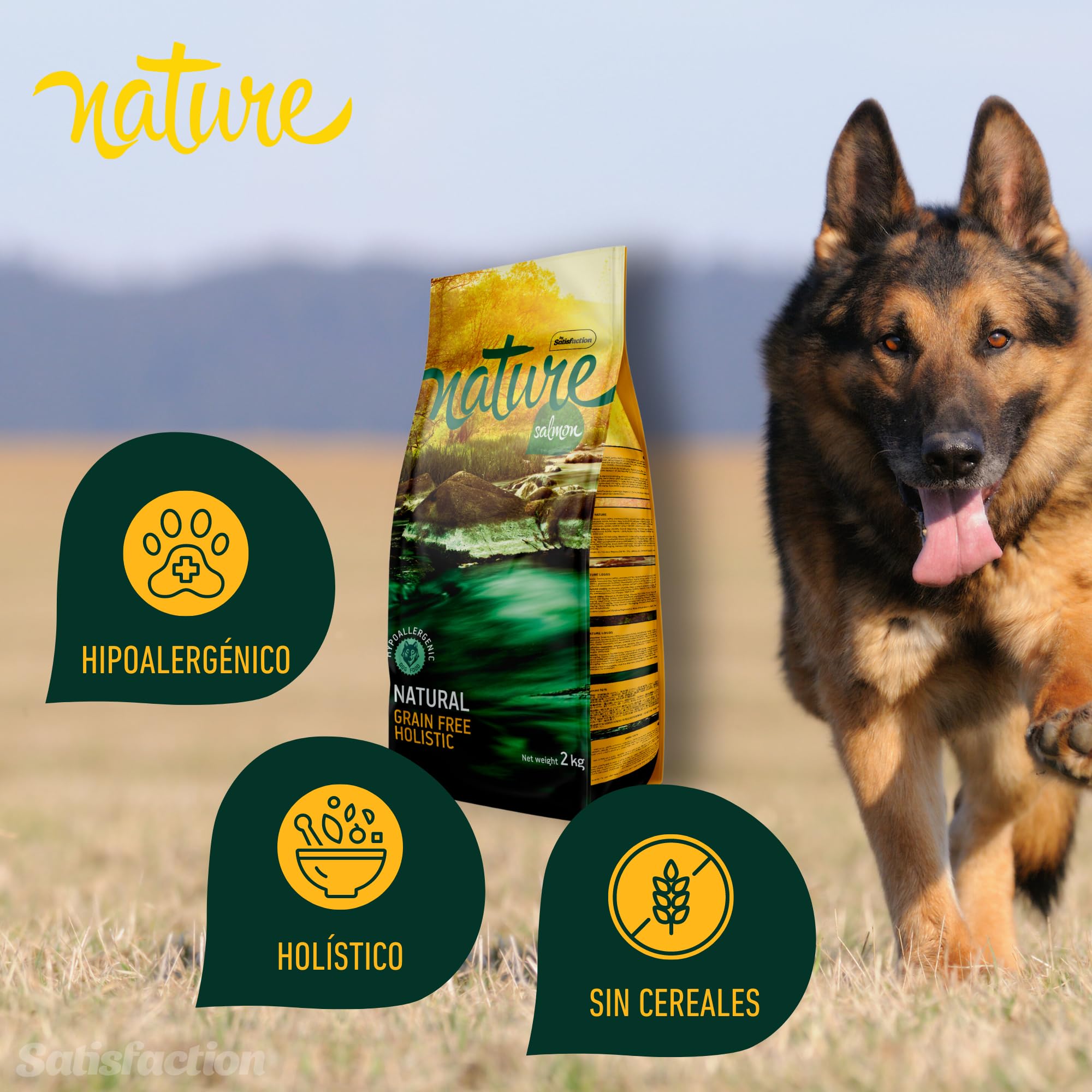 Pienso Satisfaction Nature de salmón para Perros 12 KG - Pienso Hipoalergénico - Monoproteico - Grain Free (Sin Cereales) - Salmón Fresco y Patata - Perros delicados