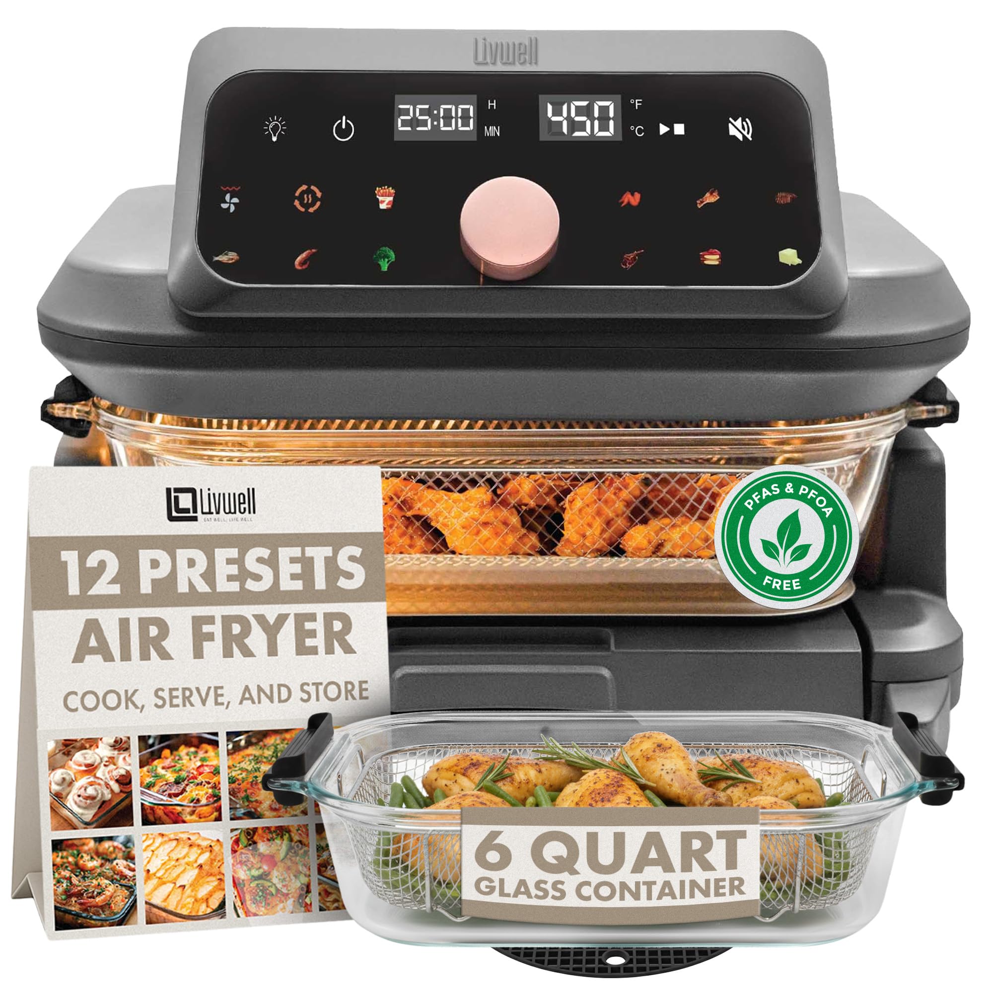 Livwell 6 Quart Glass Container Air Fryer with Pull-Out Drawer Lid - Kitchen Gift - PFOA PFAS-Free 12