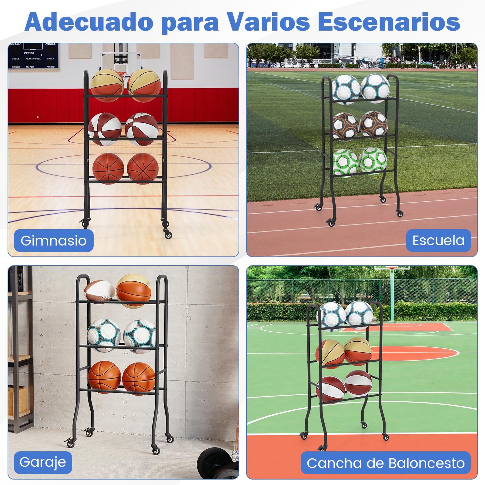 GOPLUS Estantería para Balones con Ruedas Bloqueables, Carro 3 Niveles, Almacenamiento para Baloncesto