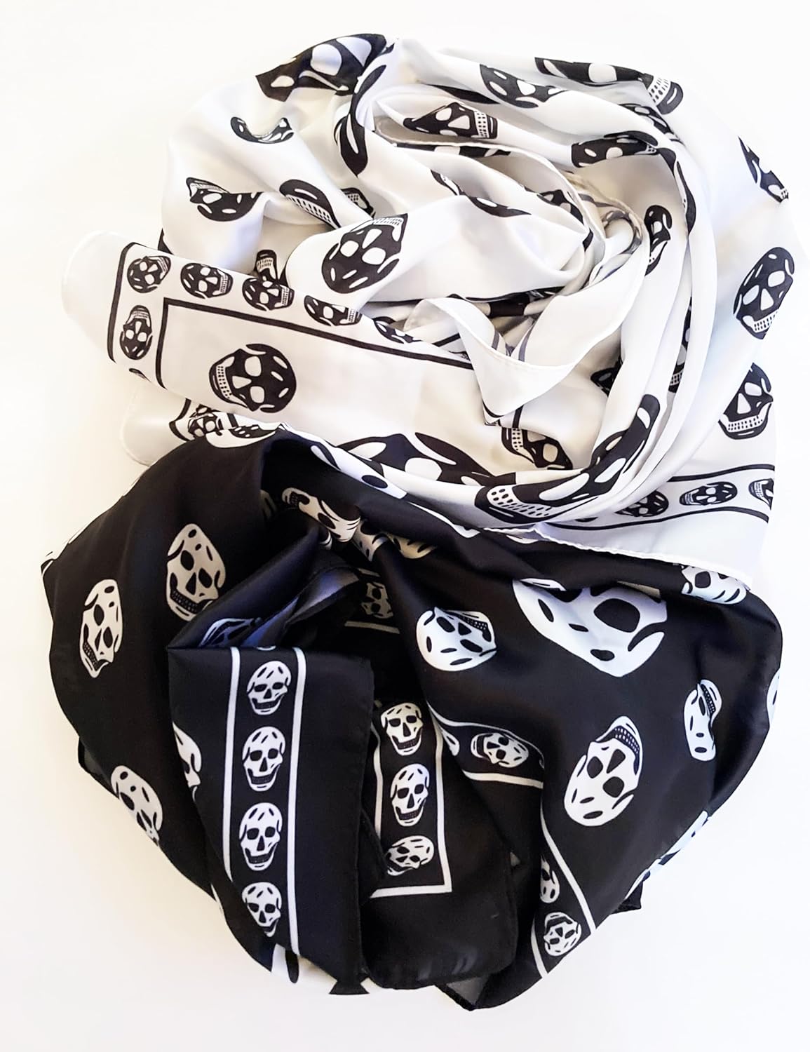 Mazeology Gothic Punk Skull Satin Scarf, Black Ground with White Skulls, 35 Inch Square, Unisex Fashion Accessory, Soft Silky Fabric Bandana with Skull Pattern