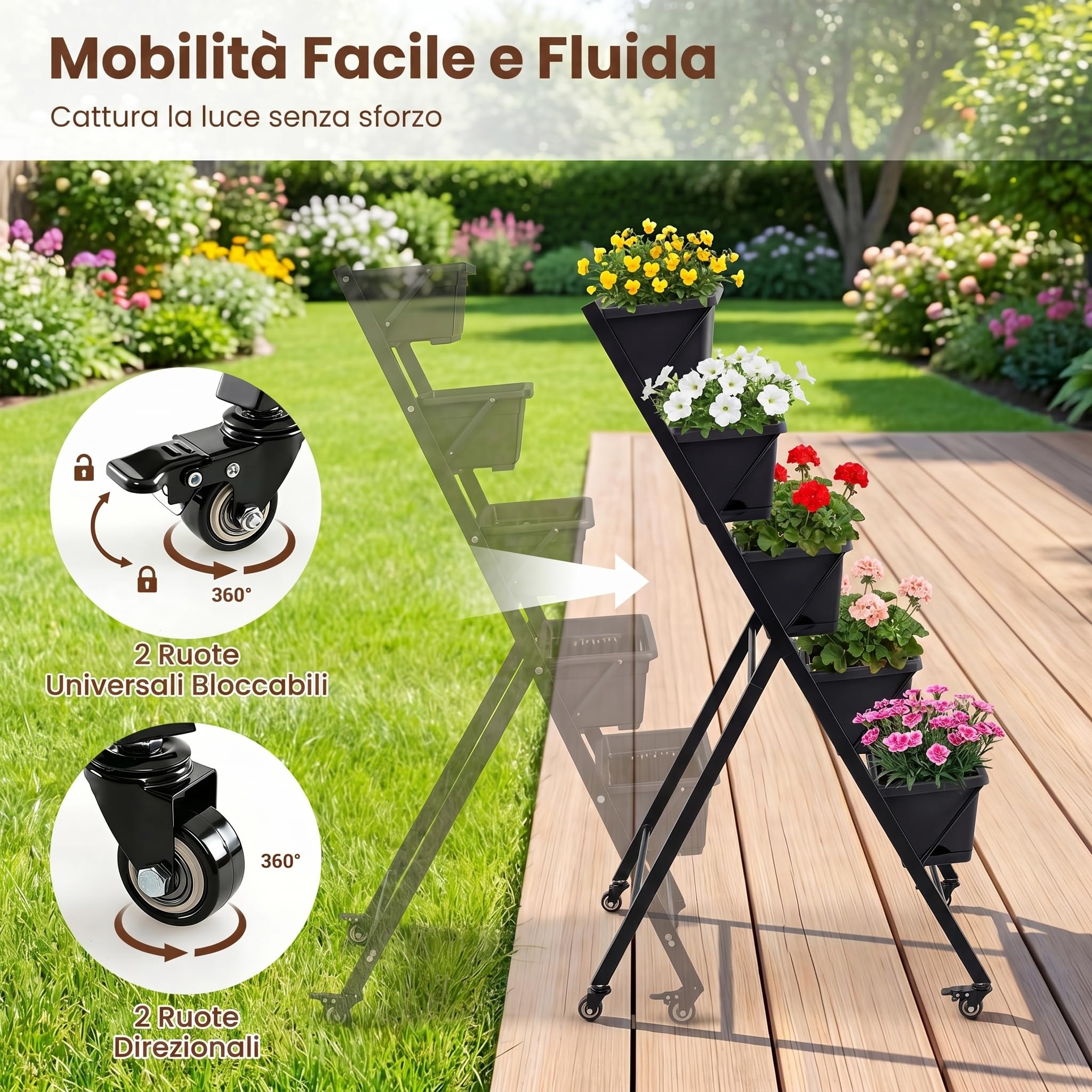 COSTWAY Fioriera Verticale a 5 Livelli, Orto Rialzato da Interno ed Esterno con Ruote Bloccabili, Vassoio e Foro di Drenaggio, Scaffale a Scaletta in Metallo Verniciato per Piante, Fiori e Verdure