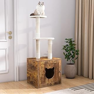 Litter Box Enclosure with Cat Tree Tower, Cat Litter Box Furniture Hidden with Cute Entrance, Private Washroom with Sisal Scratching Posts and Soft Plush Perch, All-in-One Wooden Cat Tower Condo House