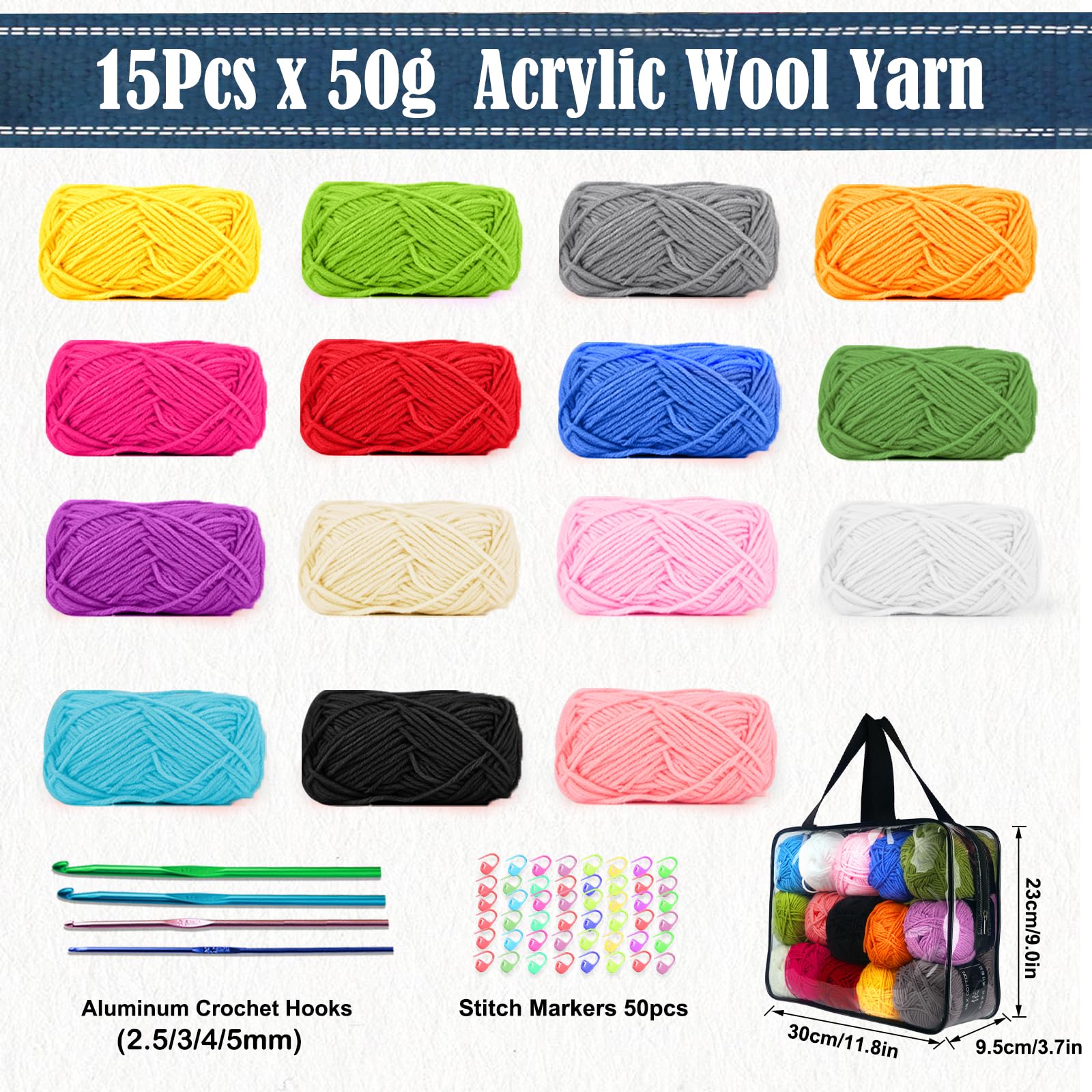 AOTWAN Crochet Yarn Knitting Wool 15Colors x 50g Acrylic Yarn Crochet Wool with Aluminum Crochet Hooks Stitch Markers Yarn for Crochet Kits for Beginners Adults Wool for Crochet Knitting and Crafts - Image 3