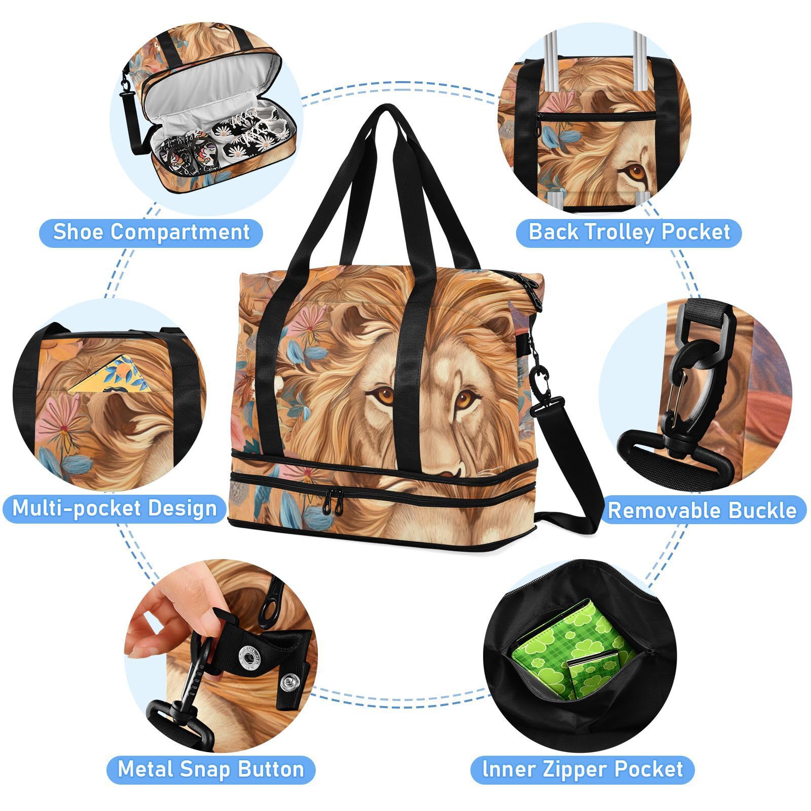 Bolsa de lona para fin de semana con bolsillo húmedo y correa ajustable, diseño de flores de león, para entrenamiento, juego de 2 piezas para hombres y mujeres