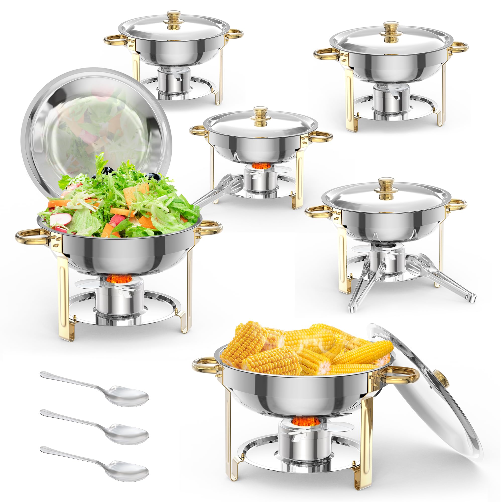 5 QT 6 Packs Chafing Dish Buffet Set, NSF Round Stainless Steel Chafers and Warmers Food Servers Sets with Lid & Lid Holder, Spoon & Tweezer for Catering Events Parties Weddings Dinners