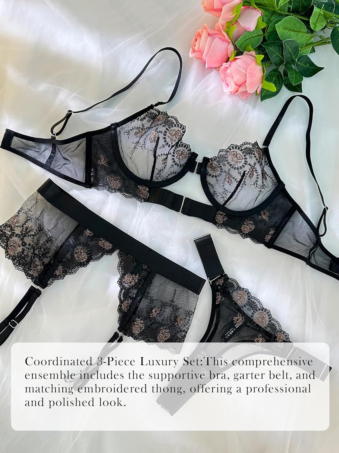 HELLOLAGIRL Sheer Black Champagne Embroidered Lace Lingerie Set