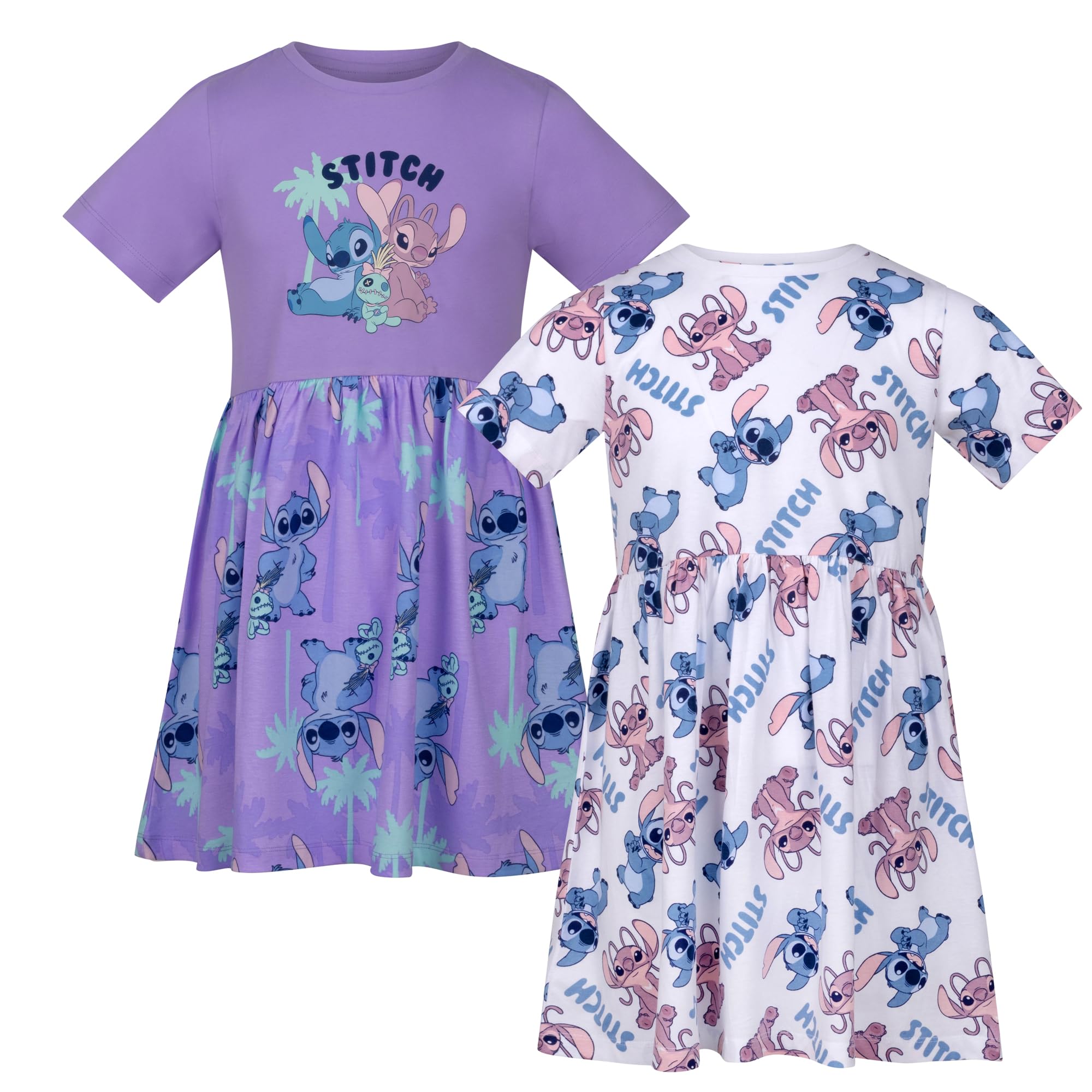 Disney Stitch AOP 2 Pack Day Dresses, 100% Cotton, Casual Dress, Purple/White, 13-14 Years: 164cm, Multicolor