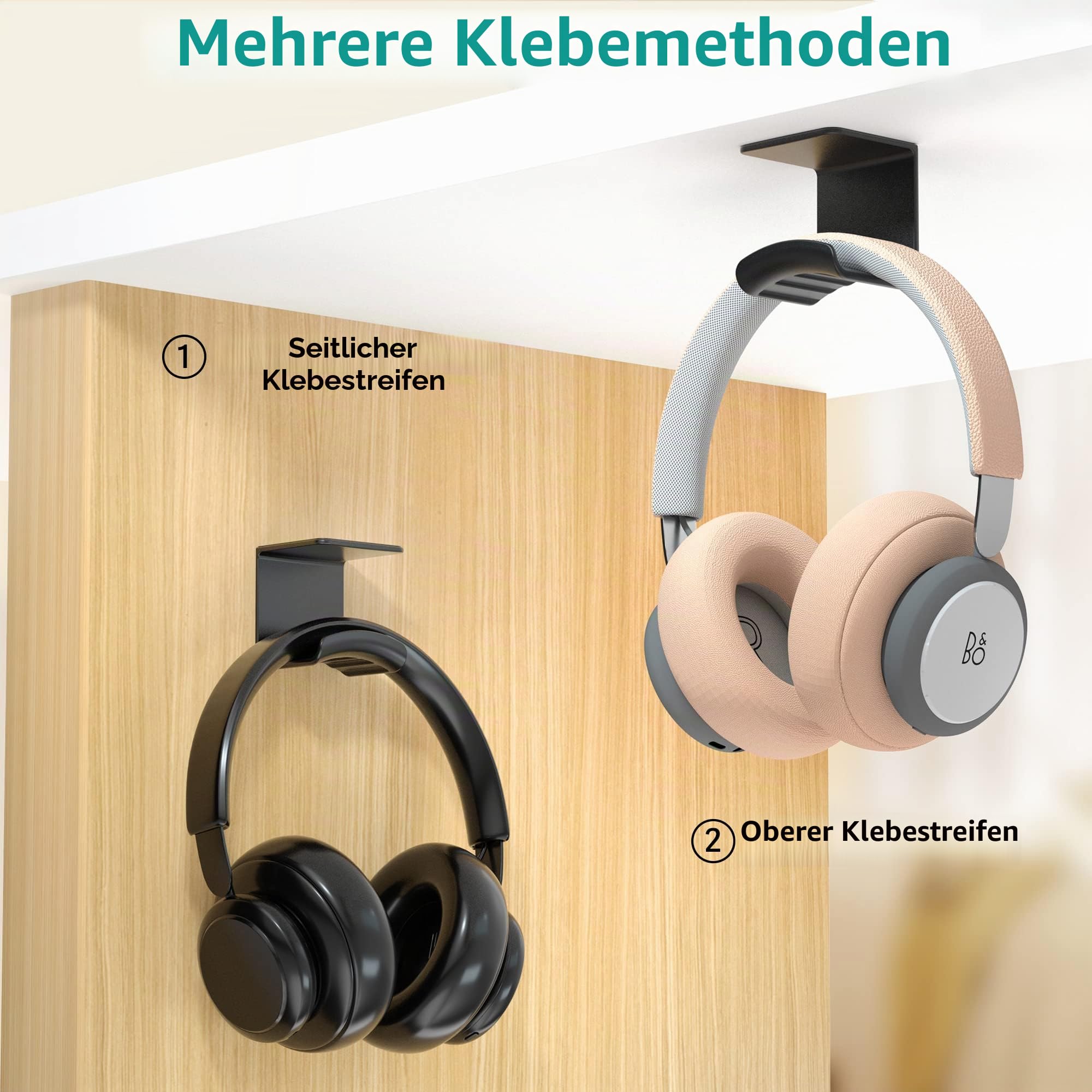 HomeMount Universal Kopfhörerhalter - Unter-Schreibtisch Montage, Selbstklebender Gaming-Kopfhörerständer, Platzsparend & rutschfest (schwarz)
