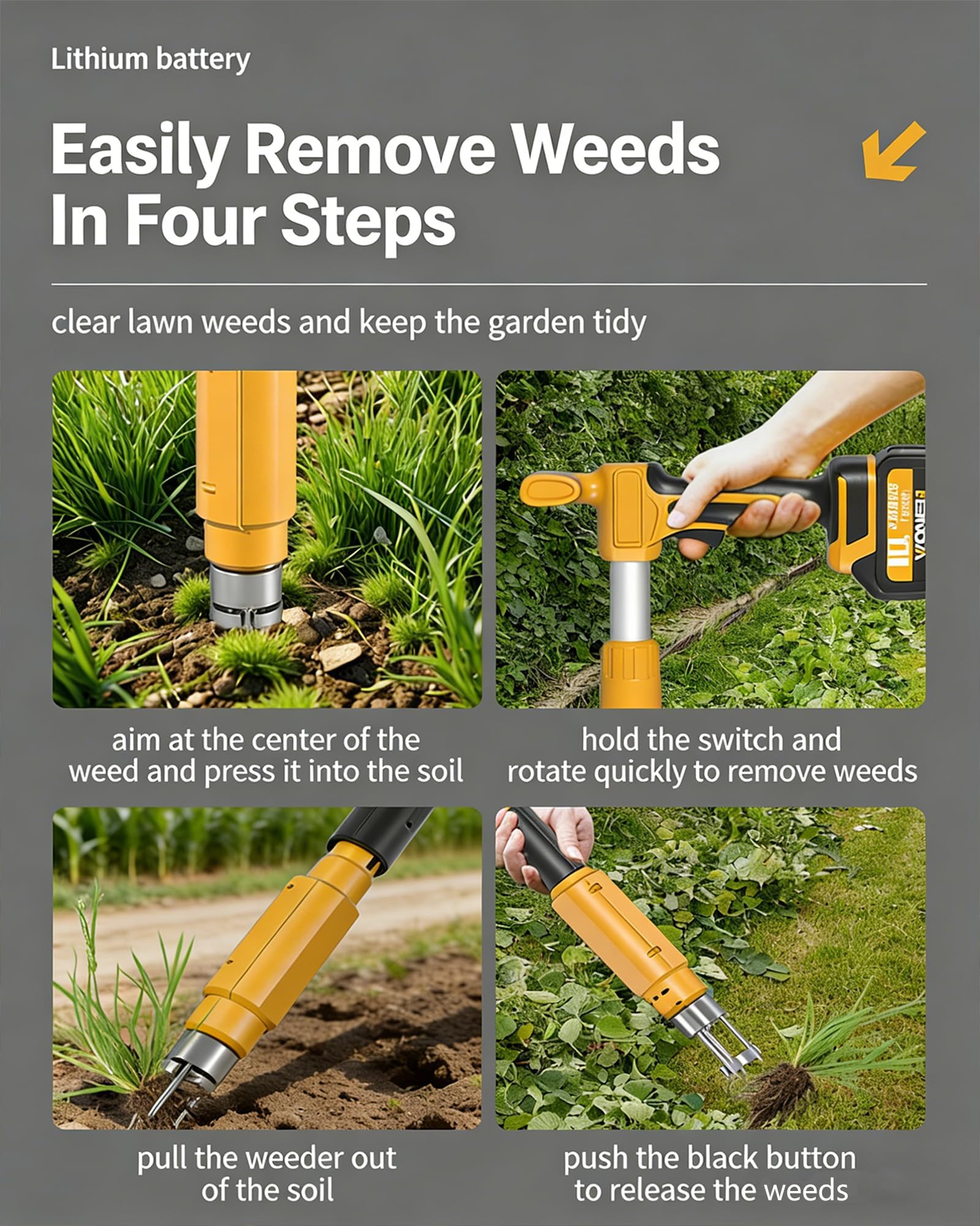 Désherbant sans fil avec manche télescopique réglable en aluminium et 2 batteries, griffes triangulaires haute dureté pour un jardinage efficace, léger et durable