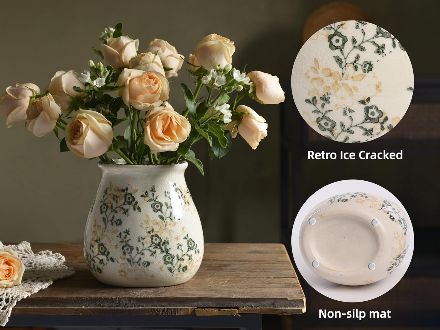 Vintage Flower Vase, Chinoiserie Floral Ceramic Vase for Home Decor, Green and White Decorative Vases for Centerpiece Table Decorations, Vases for Living Room Kitchen Entryway Mantle Shelf Decor Vase - Image 5