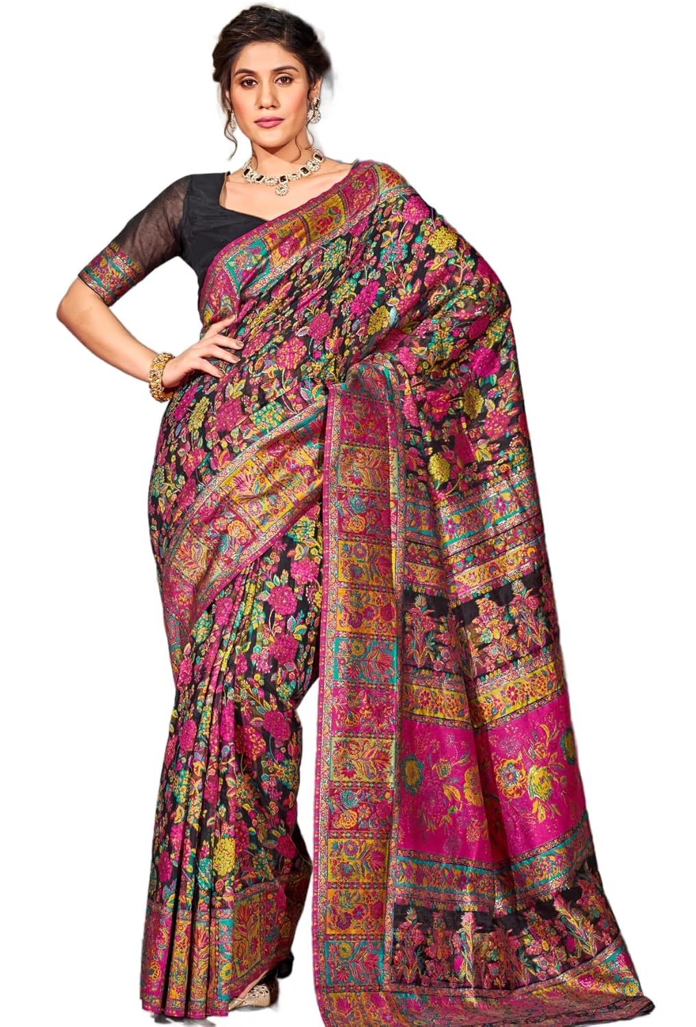 Printed Patola Tussar Banarasi Saree in Forest Green, Red, Yellow, Blu