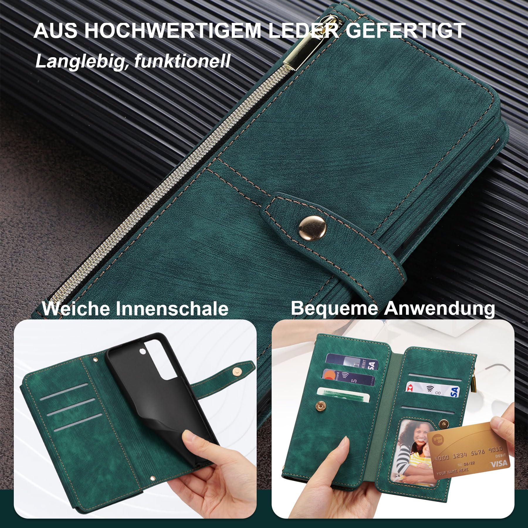ZCDAYE Custodia per Samsung Galaxy A34 5G con 9 scomparti per carte di credito, in pelle PU per Samsung A34 5G, custodia per Samsung Galaxy A34 5G, con chiusura lampo, colore: verde