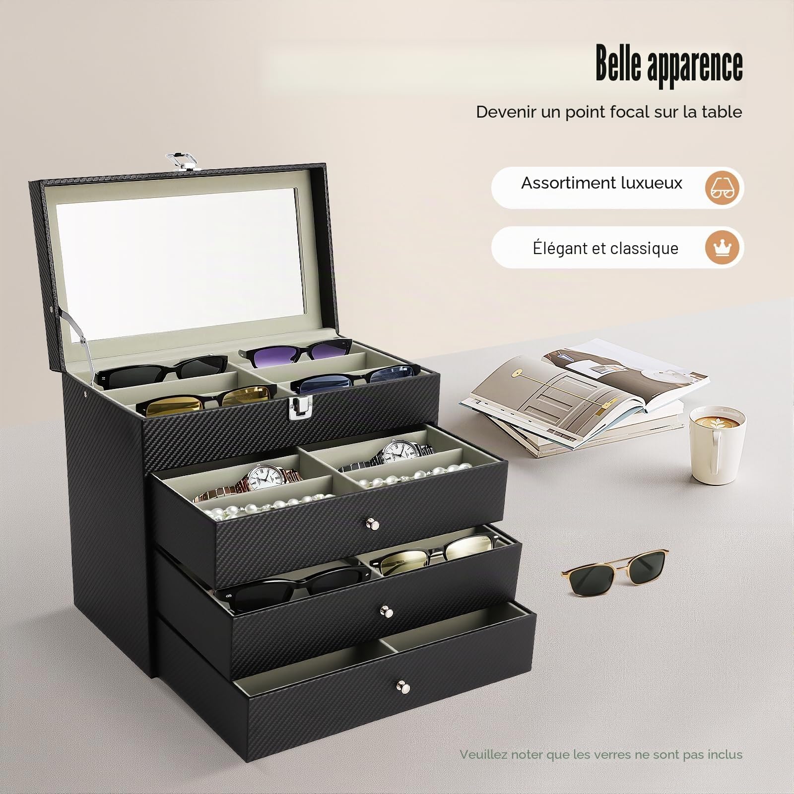 Boîte à Lunettes à 4 Niveaux Rangement 24 Lunettes de Soleil ou Lunettes 2 Compartiments avec Vitrine Couverture en Verre Antichoc et Tiroir pour Rangement Bracelets, Montres et Autres