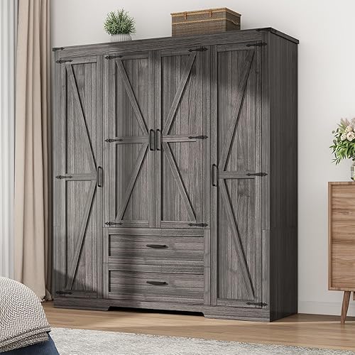 Armario de 4 puertas con puertas y cajones, armario de madera de granja con estantes y barra para colgar para dormitorio, color gris