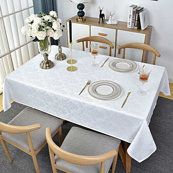 SASTYBALE White Jacquard Damask Rectangle Tablecloth, 152 x 213 cm