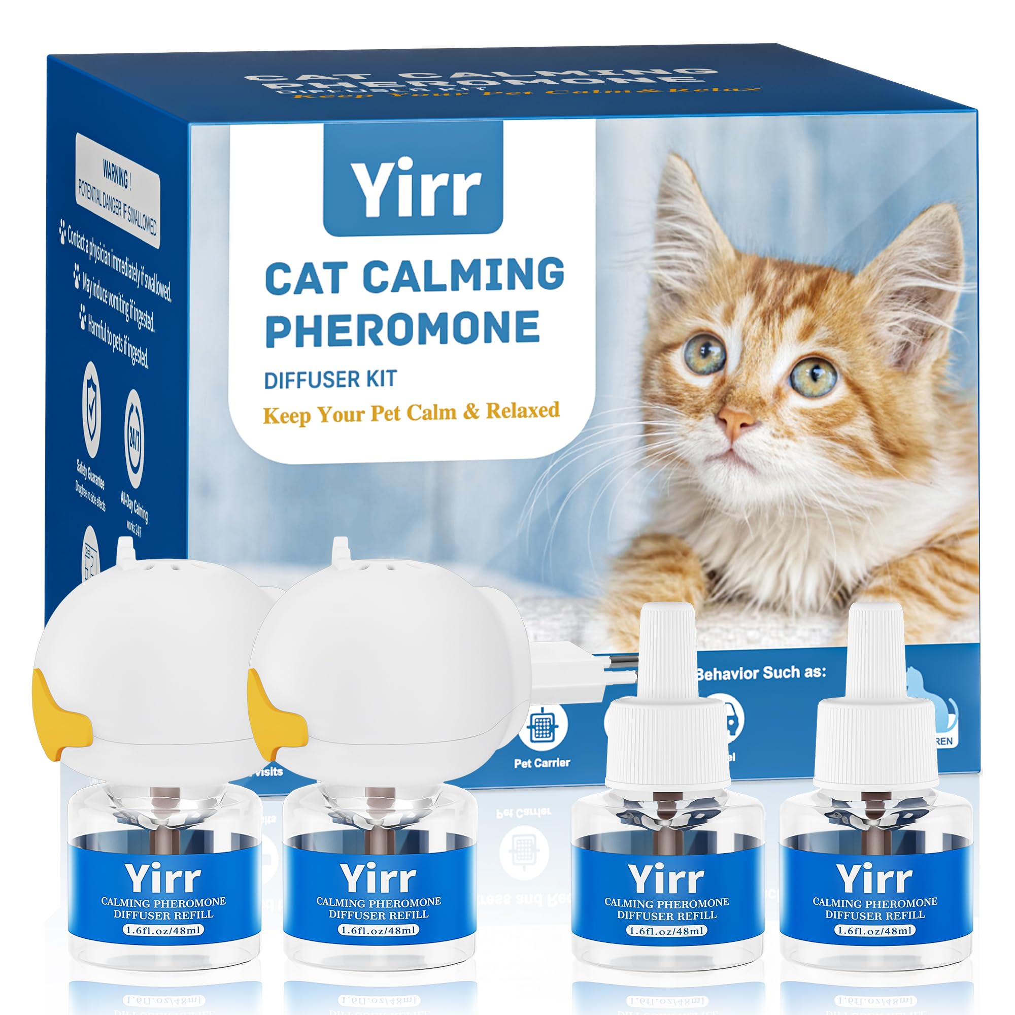 Crenze Pheromone Katzen Beruhigung Steckdose Entspannende Naturpheromone Lindern Stress Ängste bei Katzen Reduzieren Kratzverhalten Set mit 2 Steckdosen-Diffusoren 4 Nachfüllflaschen (je 48 ml)