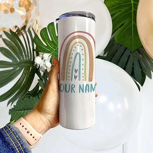Miniatura 5 de Boho Rainbow  Personaliza con tu nombre  Un vaso de viaje de acero inoxidable iridiscente de 20 onzas con popote  Aislamiento al vacío de doble