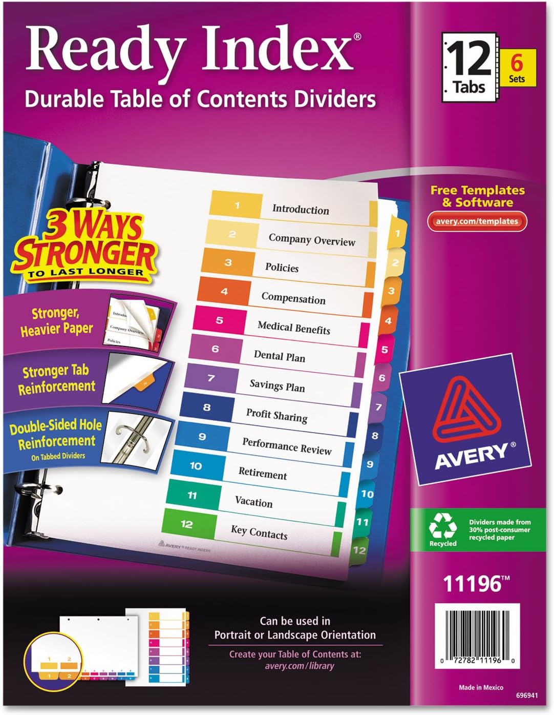 Avery 11196 Ready Index Dividers, Tabs 1-12, Letter Size, Multicolor, 6 Sets/PK