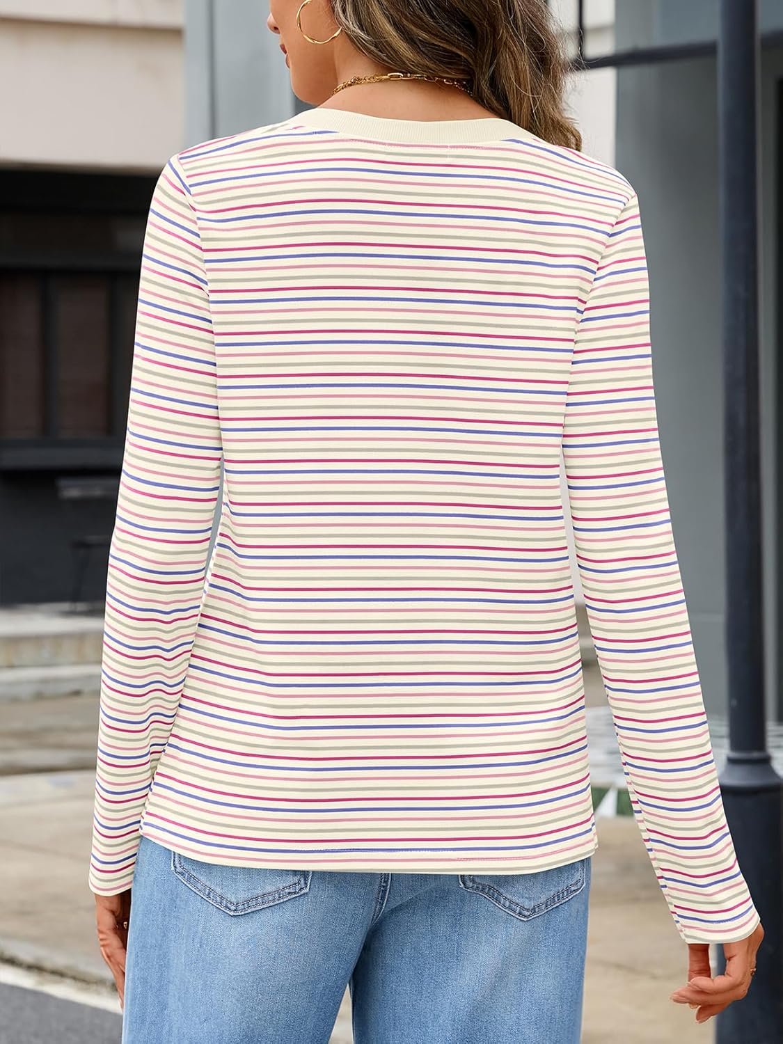 MEROKEETY Women's Fall Long Sleeve Striped Henley Tops V Neck Dressy Casual Loose Shirt 2025 Trendy Blouse - Image 3