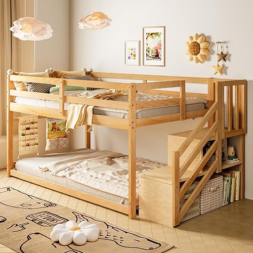 TOLEAD Low Bunk Bed Twin Over Twin, Floor Bunk Beds with Storage Staircase and Guardrails, Wooden Low Bunk Bed with Hanging Bar for Juniors, Boys, Girls, Kids, Natural Wood