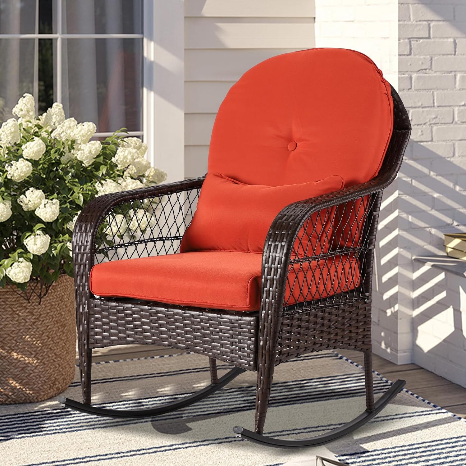 LVUYOYO Outdoor Wicker Rocking Chair of 2, Patio Rattan Rocker Chair with Cushions, Rocking Wicker Furniture Set for Deck, Porch, Garden, Backyard (Khaki)