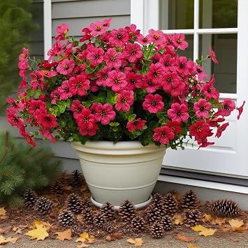 12 Bundles Artificial Flowers for Outdoor Indoor Fake Flowers uv Resistant Artificial Outdoor Flowers Fake Plants for Porch Garden Home Patio Decor Rose Red