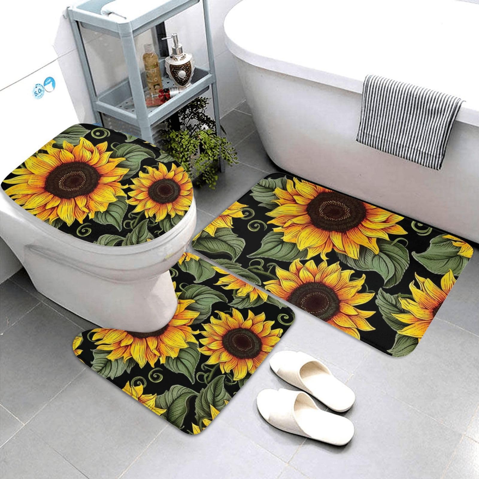 Dwrepo Floral Sunflower Print Bathroom Rug Set 3 Piece with Non-Slip U-Shaped Contour Mat and Toilet Lid Cover for Bathroom Decoration