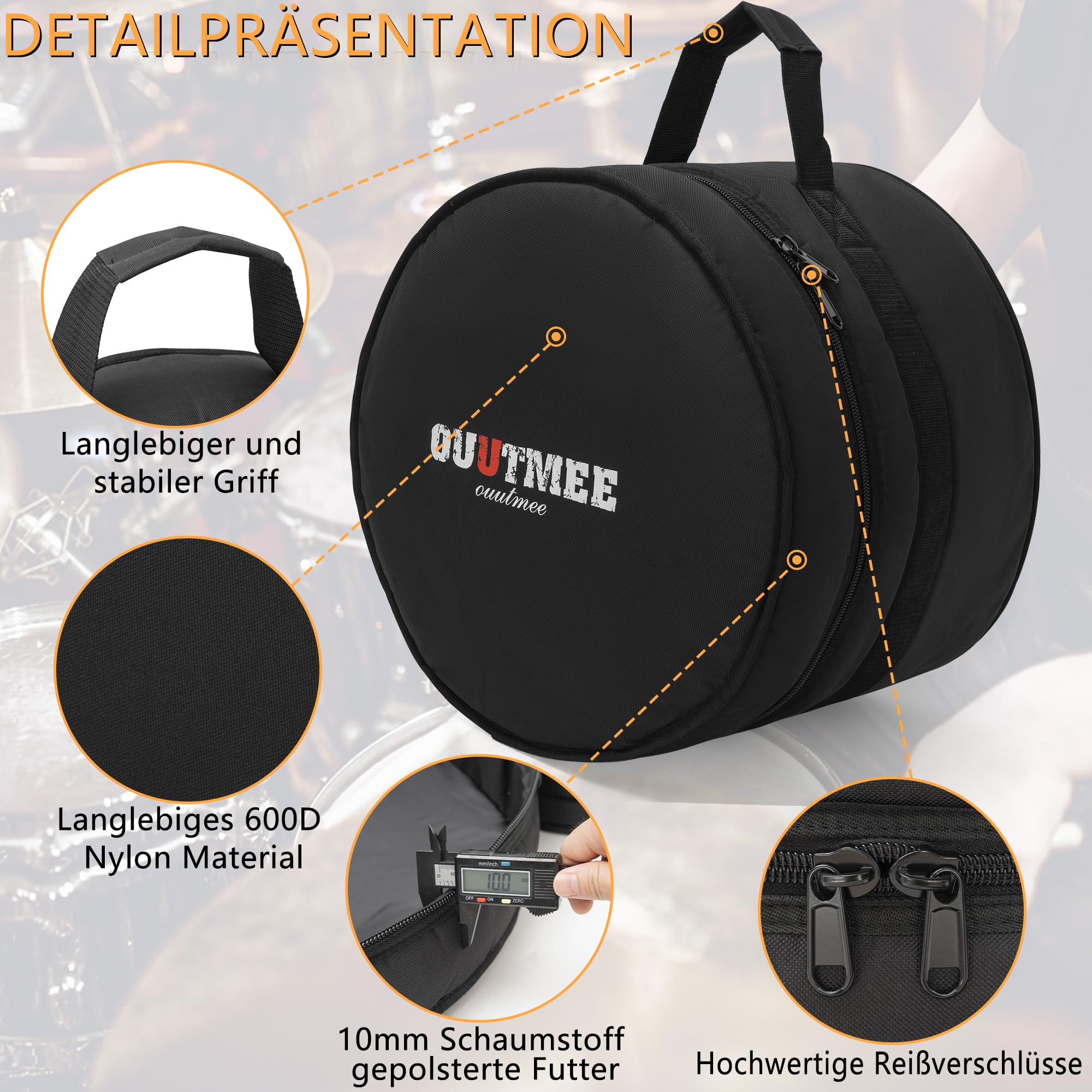 OUUTMEE 5-teiliges Trommeltaschen-Set für Snare Drum, 12" Tom, 13" Tom, 16" Floor Bass Tom, 18" Tom, 22"/24" Bass Drum, 8MM