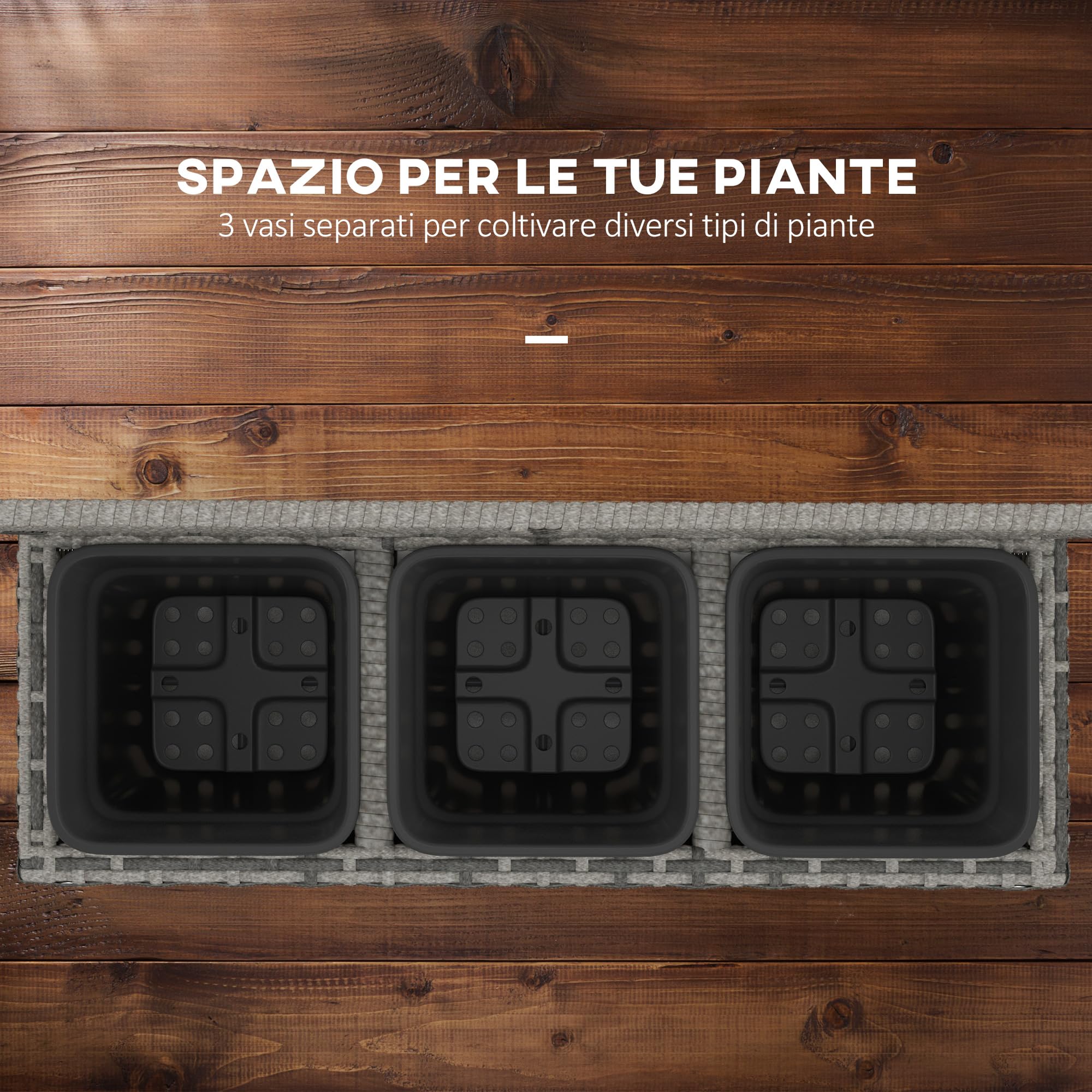 Outsunny Fioriera per Piante con Grigliato per Rampicanti, Aiuola Rialzata con 3 Vasi Interni, Struttura in Acciaio e Rattan PE, 84x30x107cm, Grigio